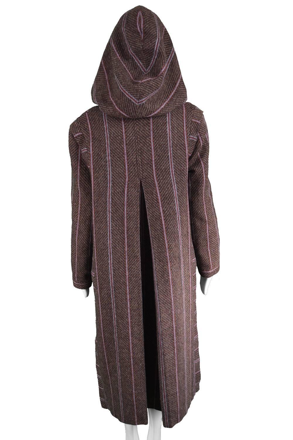 Bill Gibb Dramatic Brown Wool Striped Vintage Coat with Oversized Hood, 1970s 2