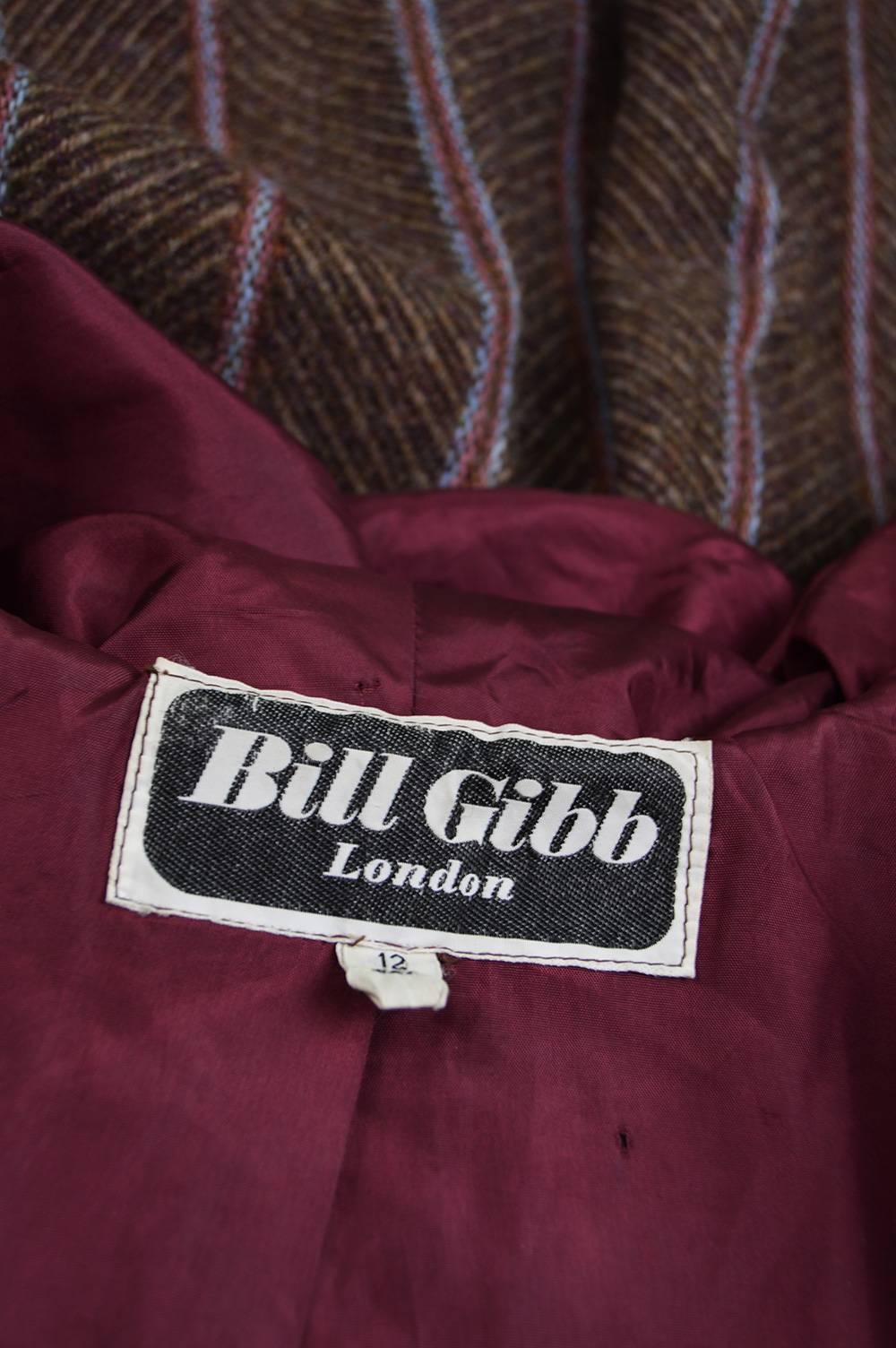 Bill Gibb Dramatic Brown Wool Striped Vintage Coat with Oversized Hood, 1970s 3