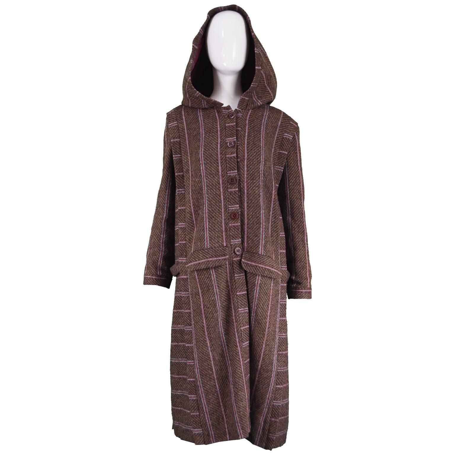 Bill Gibb Dramatic Brown Wool Striped Vintage Coat with Oversized Hood, 1970s For Sale