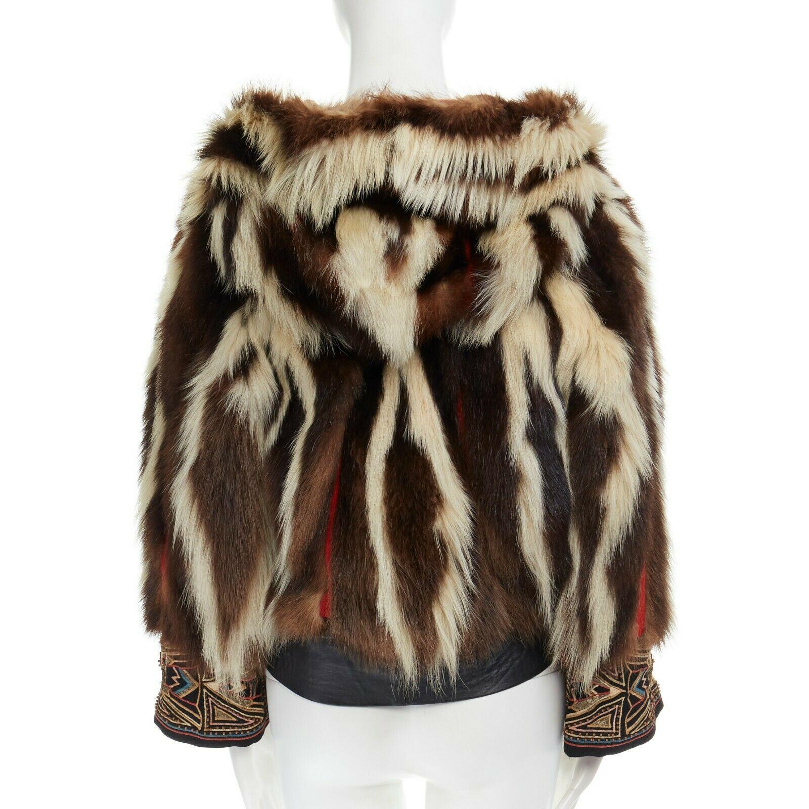 BILL GIBB PHILIP HOCKLEY brown genuine fur ethnic embroidery hooded jacket S In Excellent Condition In Hong Kong, NT