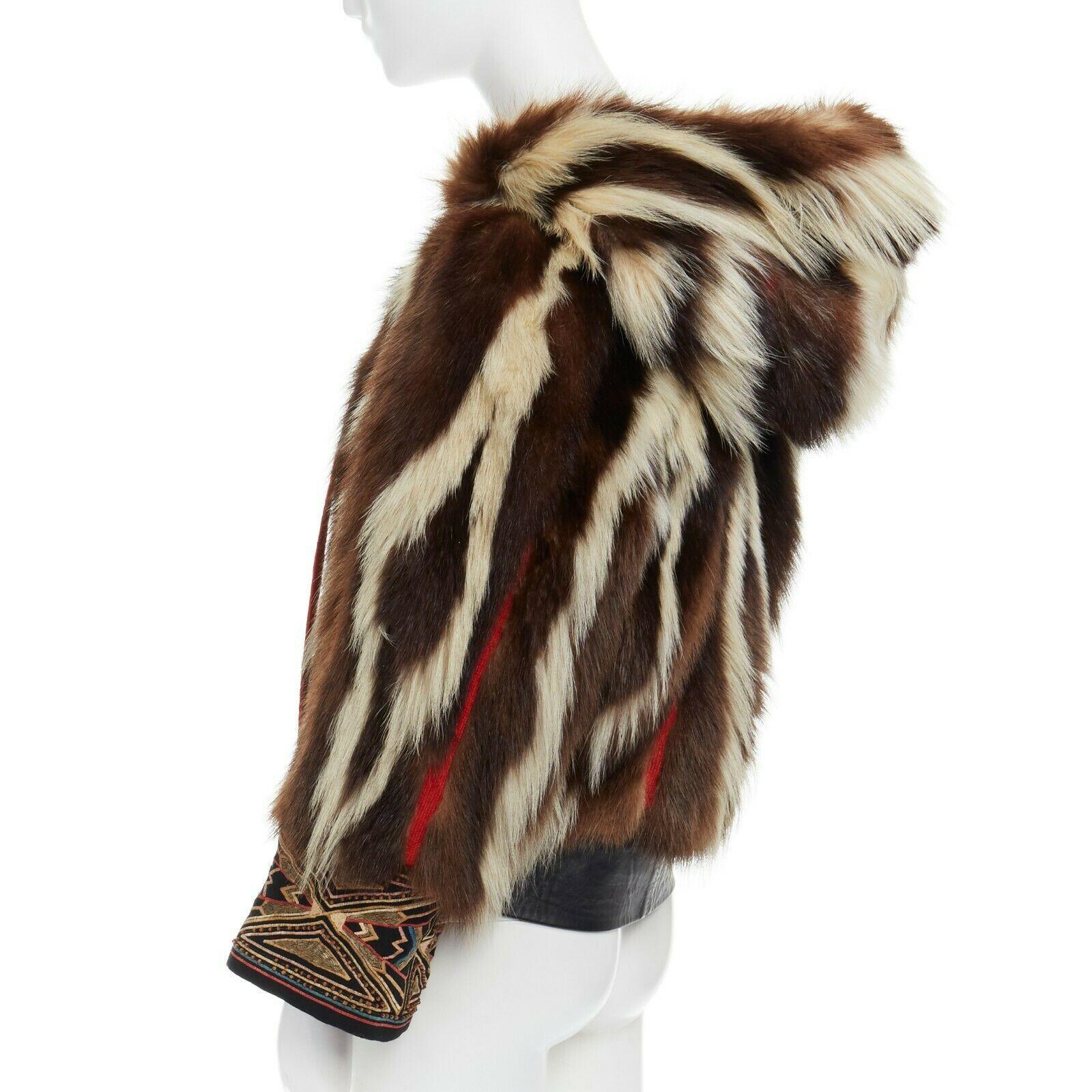 Women's BILL GIBB PHILIP HOCKLEY brown genuine fur ethnic embroidery hooded jacket S