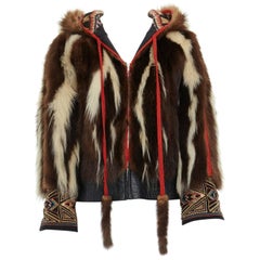 Vintage BILL GIBB PHILIP HOCKLEY brown genuine fur ethnic embroidery hooded jacket S