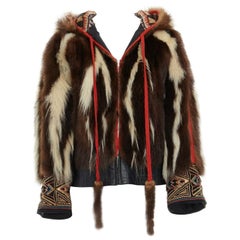 BILL GIBB PHILIP HOCKLEY brown genuine fur ethnic embroidery hooded jacket S