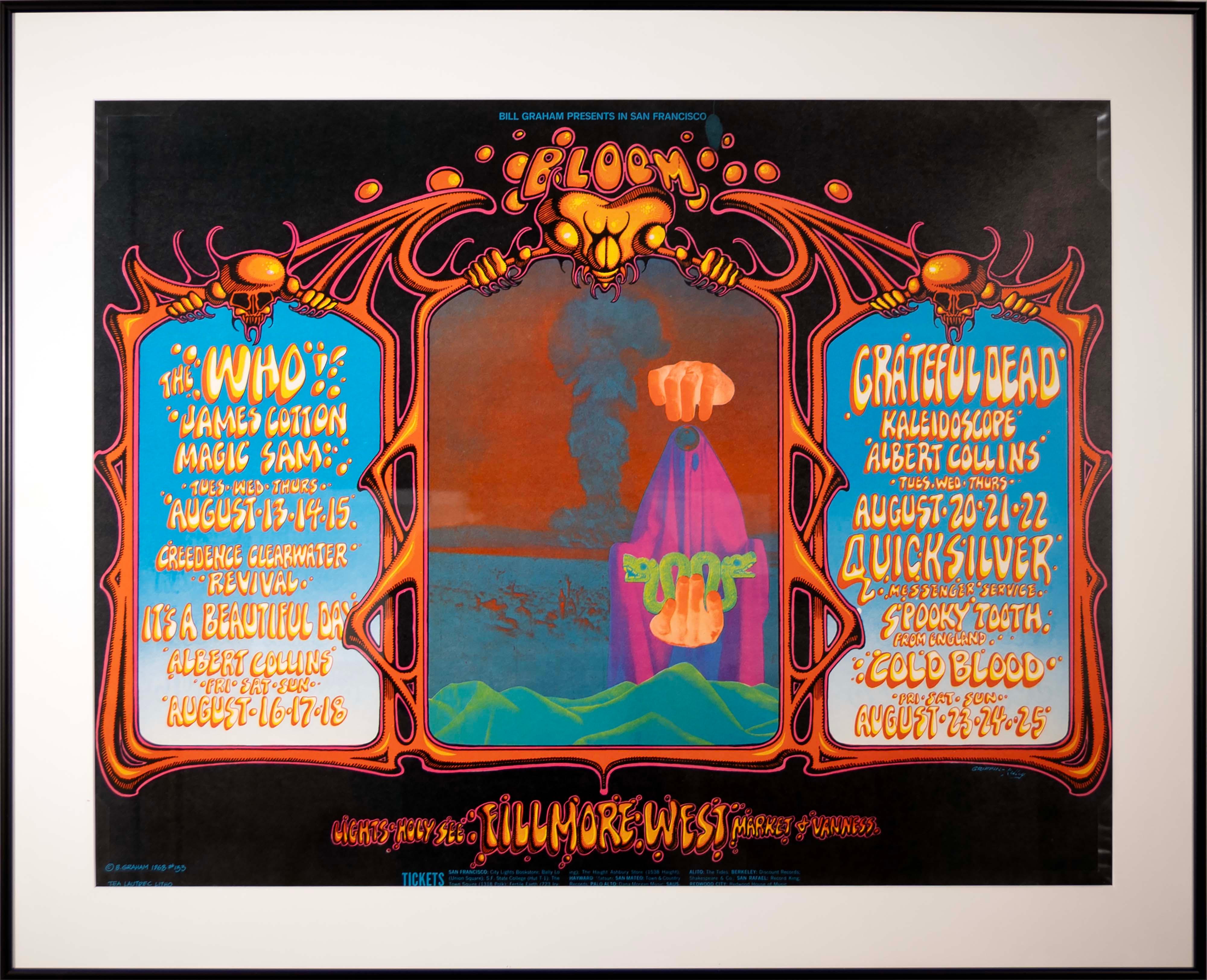A sought-after collector’s item for classic rock fans – a vintage 1st edition concert poster from 1968 featuring two iconic headliners, The Who and Grateful Dead. Poster was printed on mat uncoated stock and it measures 21 15/16
