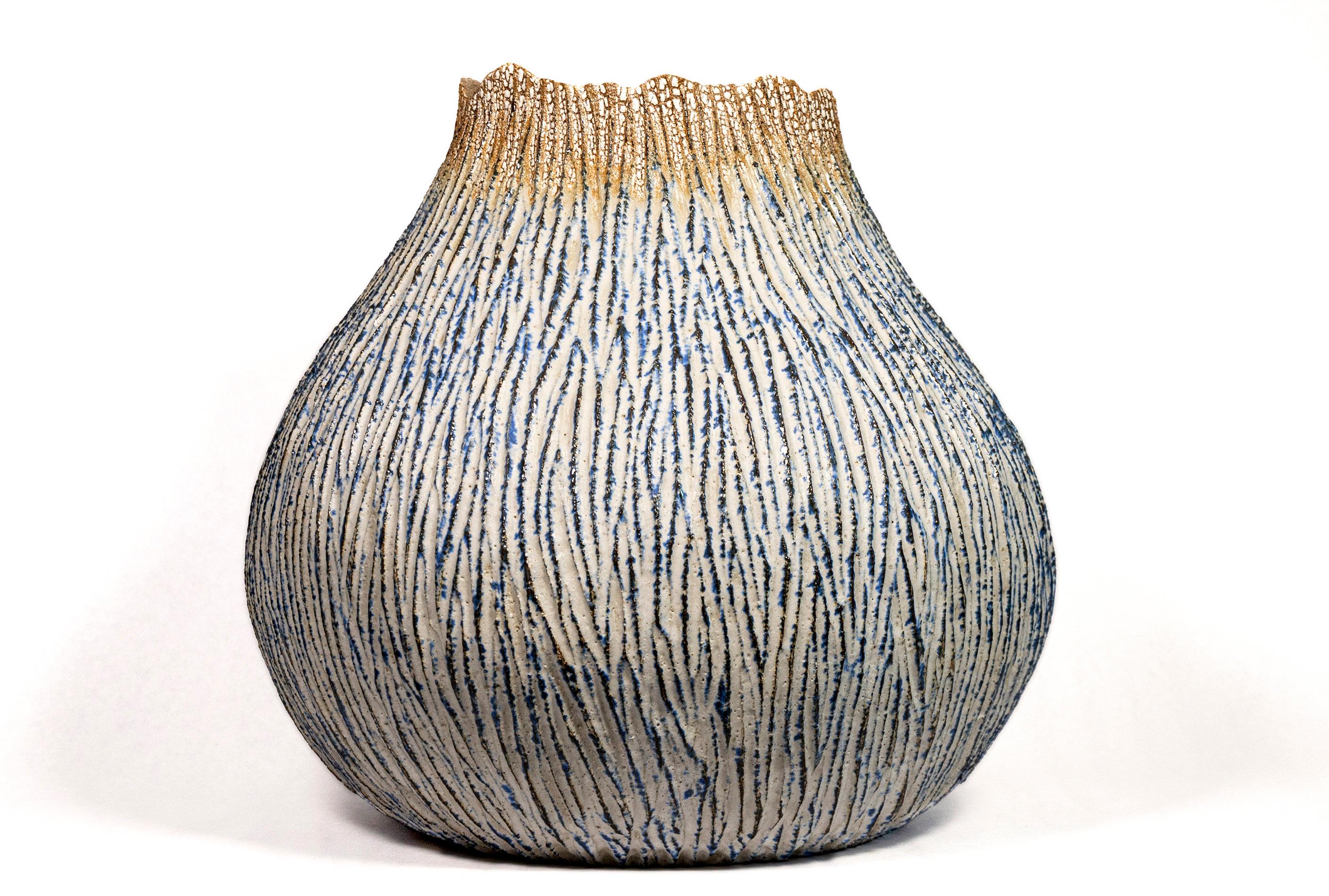Haptic Series Cobalt & White Extra-Large - textured, ceramic vessel sculpture - Sculpture by Bill Greaves