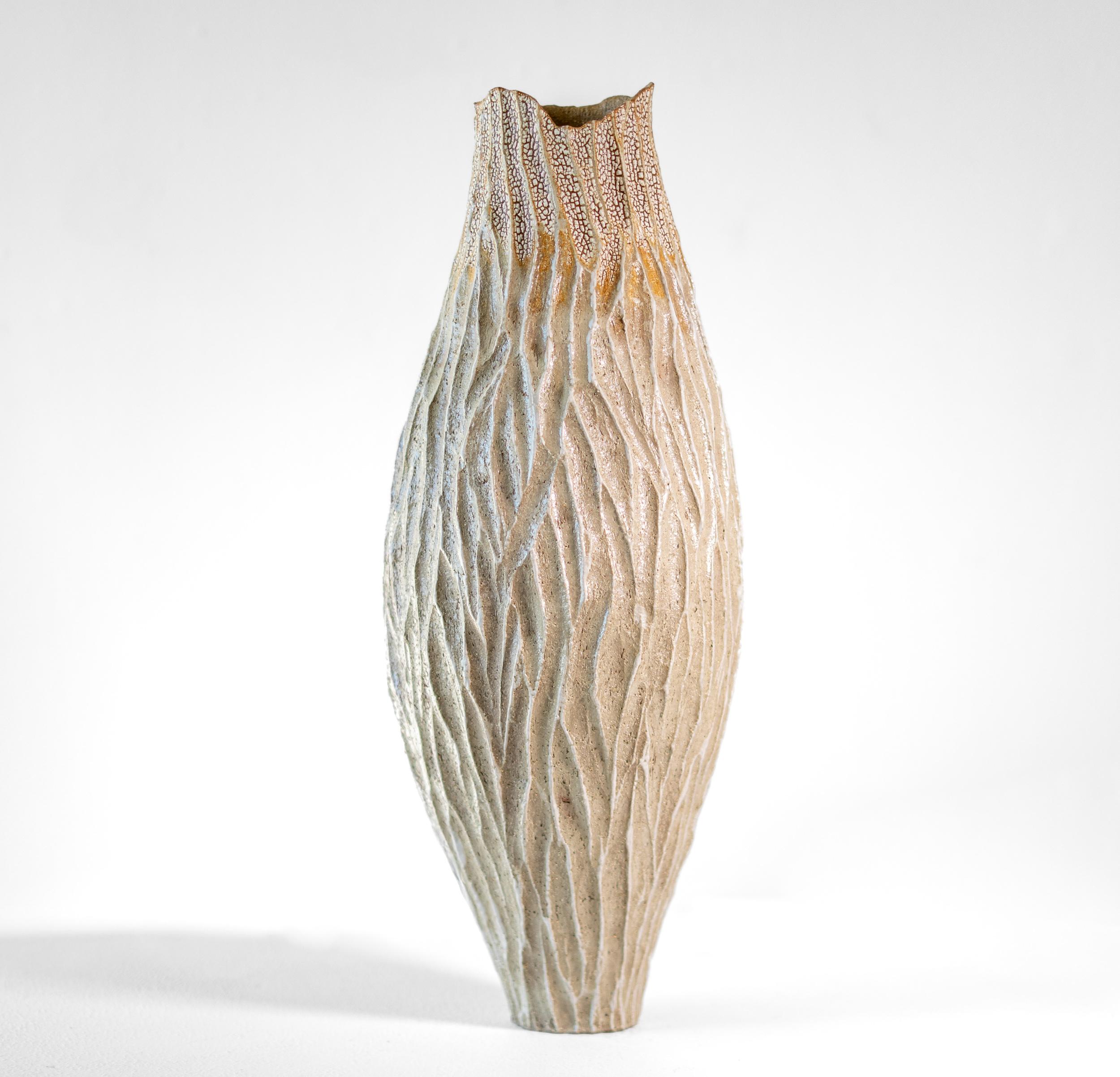 Tall Haptic Vessel I (Carved) - abstract, glazed, vessel, ceramic sculpture - Abstract Sculpture by Bill Greaves