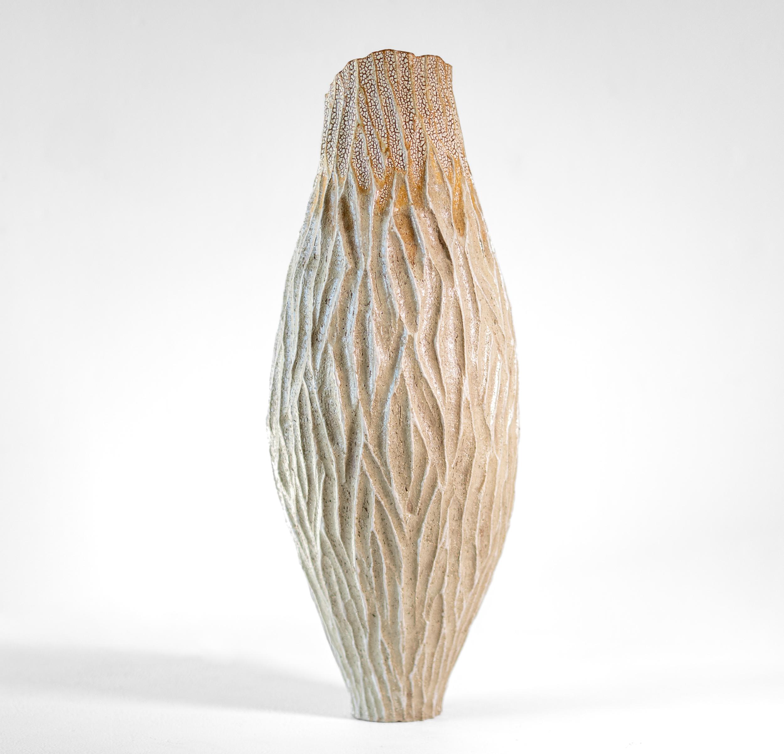 Tall Haptic Vessel I (Carved) - abstract, glazed, vessel, ceramic sculpture - Gray Abstract Sculpture by Bill Greaves