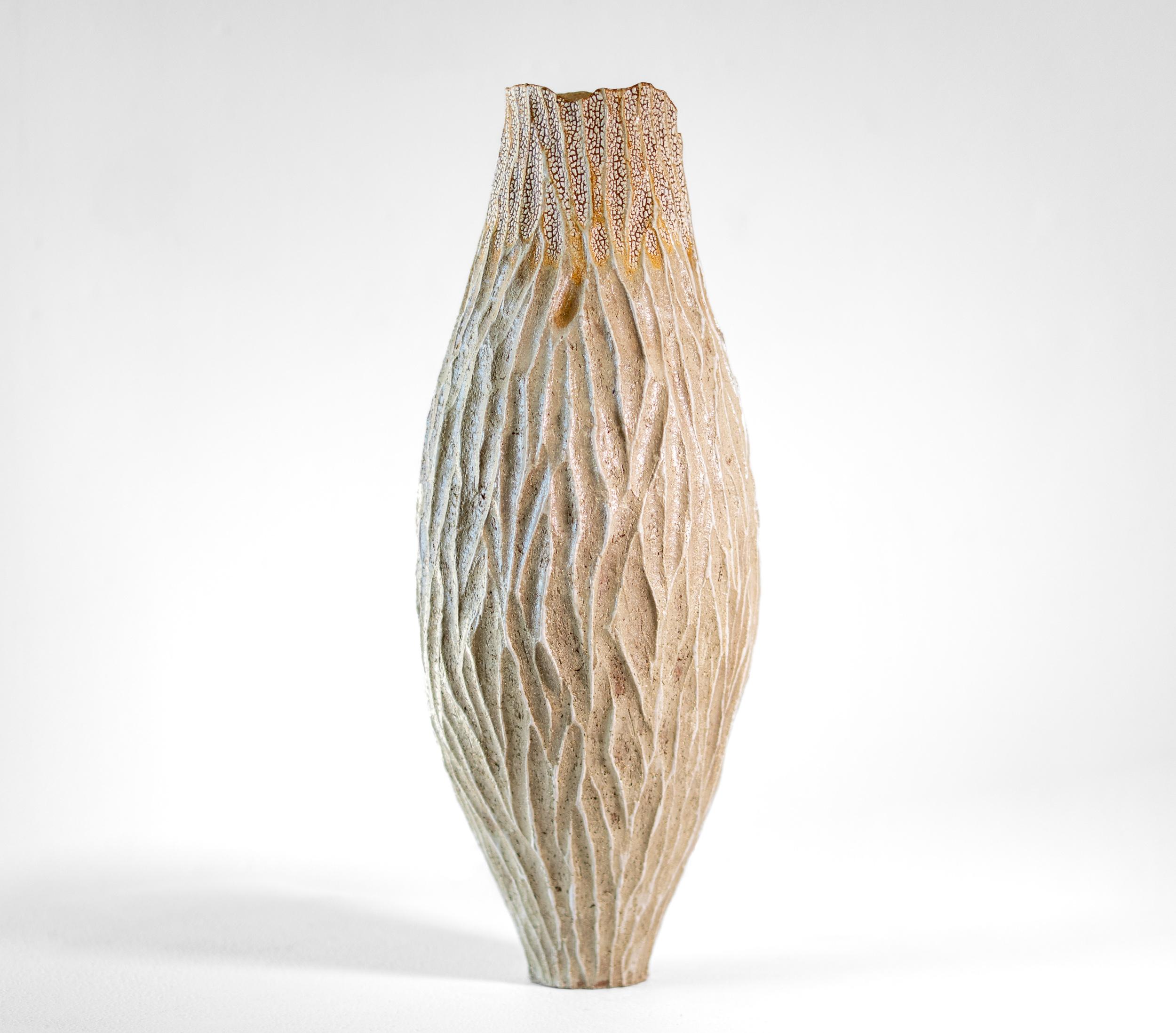 Bill Greaves Abstract Sculpture - Tall Haptic Vessel I (Carved) - abstract, glazed, vessel, ceramic sculpture