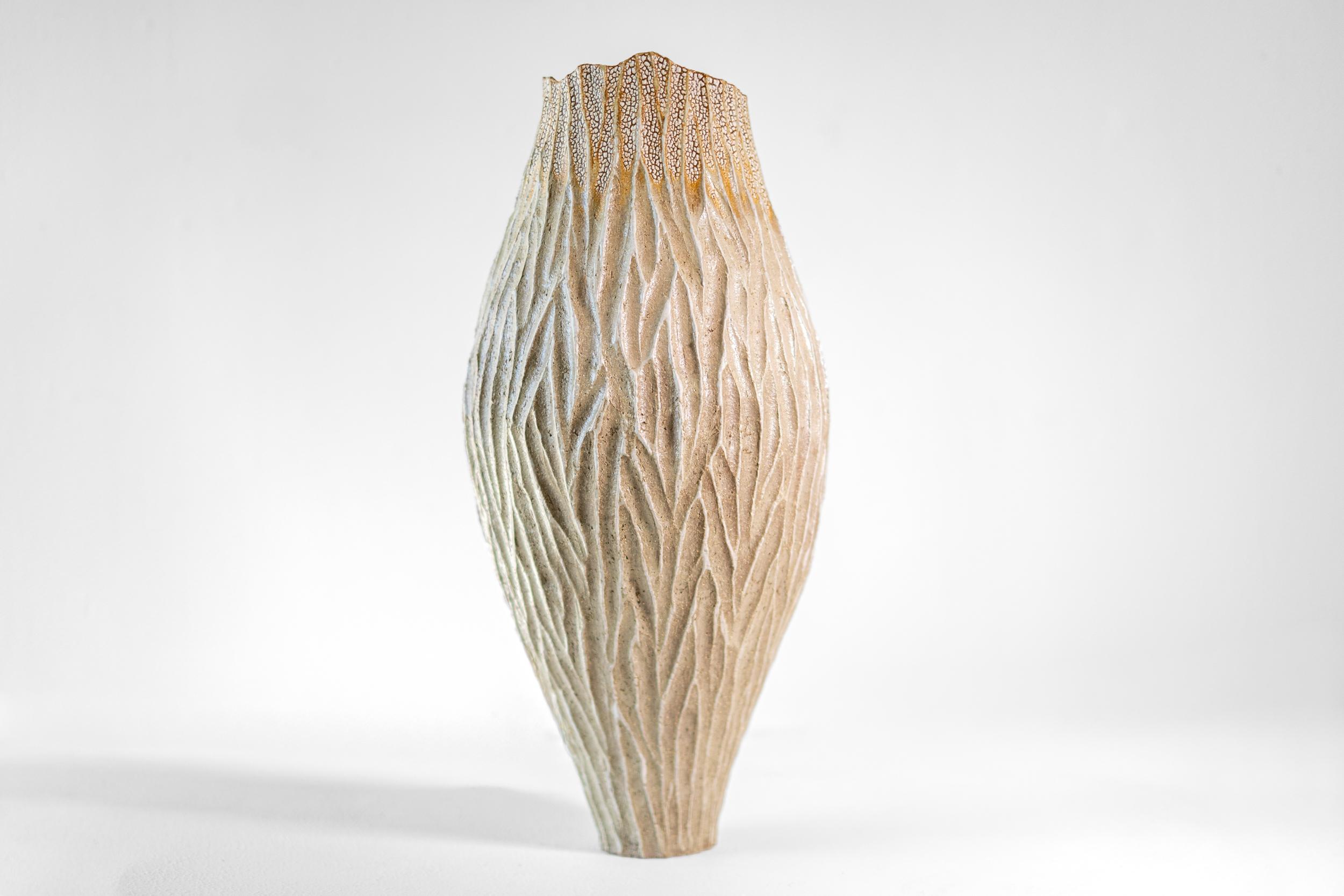 Tall Haptic Vessel II (Carved) - abstract, glazed, vessel, ceramic sculpture - Abstract Sculpture by Bill Greaves