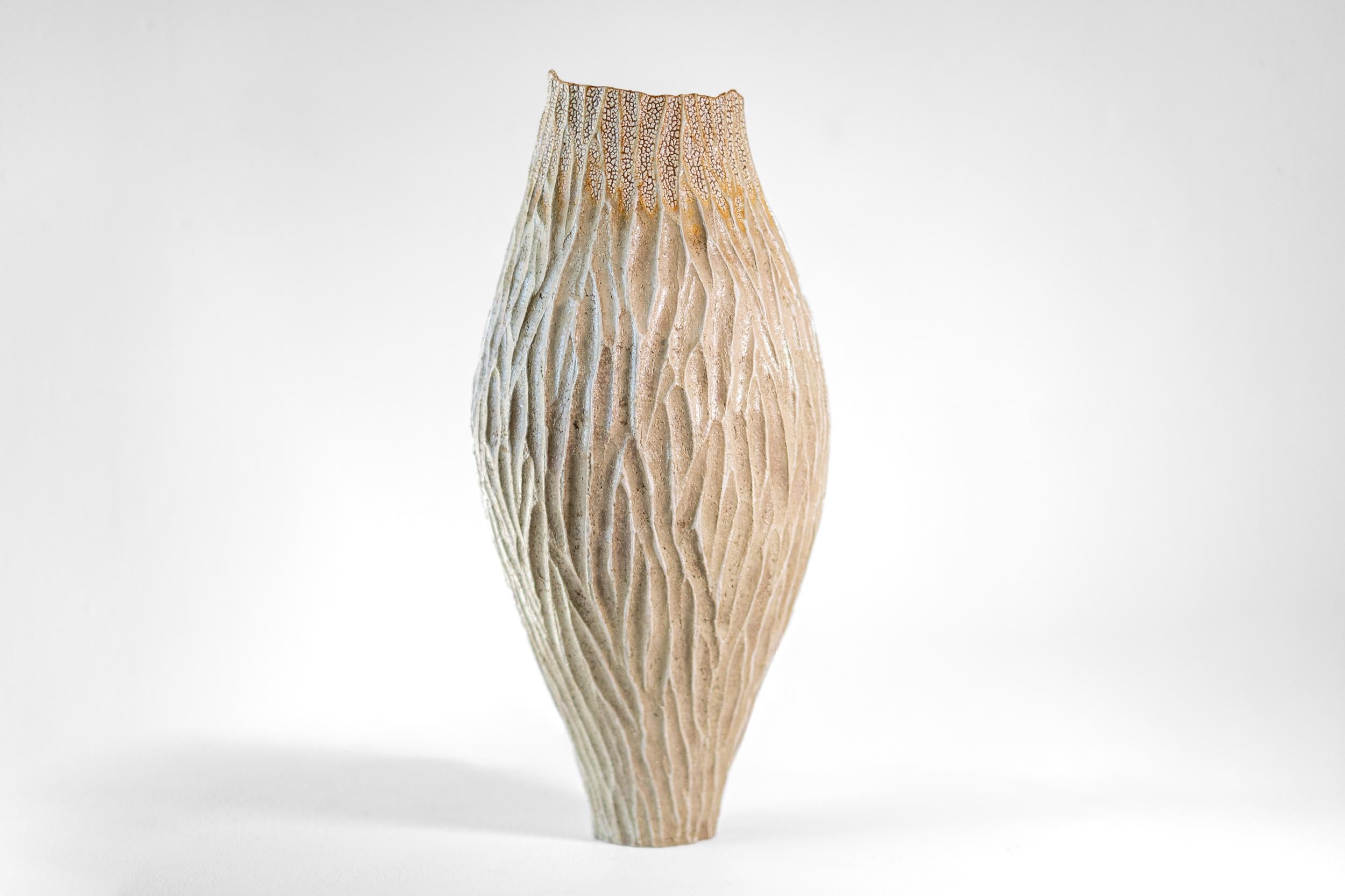 Tall Haptic Vessel II (Carved) - abstract, glazed, vessel, ceramic sculpture - Gray Abstract Sculpture by Bill Greaves