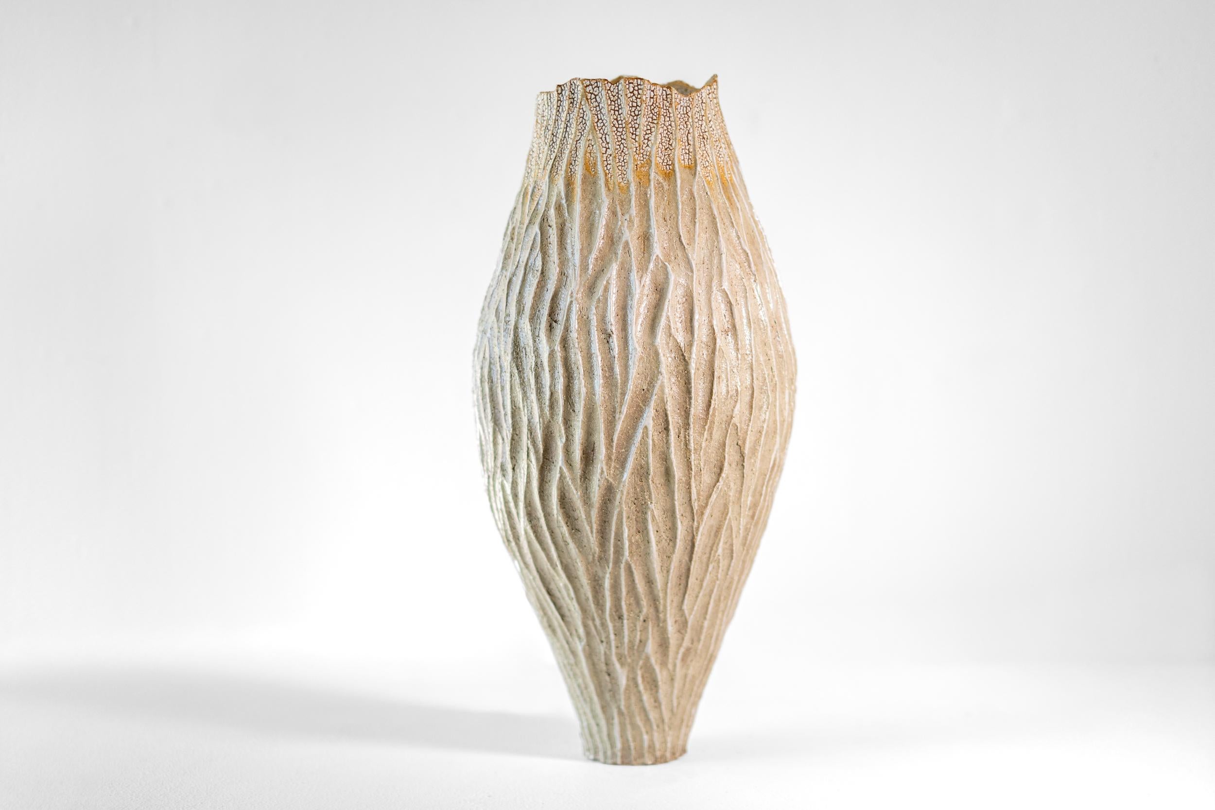 Bill Greaves Abstract Sculpture - Tall Haptic Vessel II (Carved) - abstract, glazed, vessel, ceramic sculpture