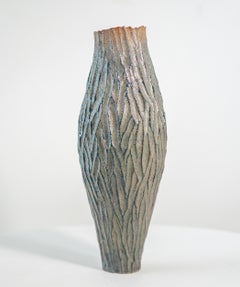 Tall Haptic Vessel V (Carved) Moss - abstract, glazed, ceramic sculpture
