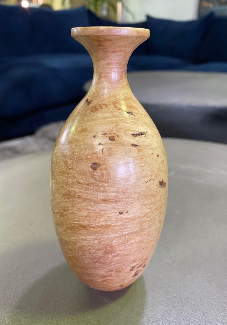 Bill Haskell Signed Carved Wood Turned Maple Burl Wood Vase For Sale at