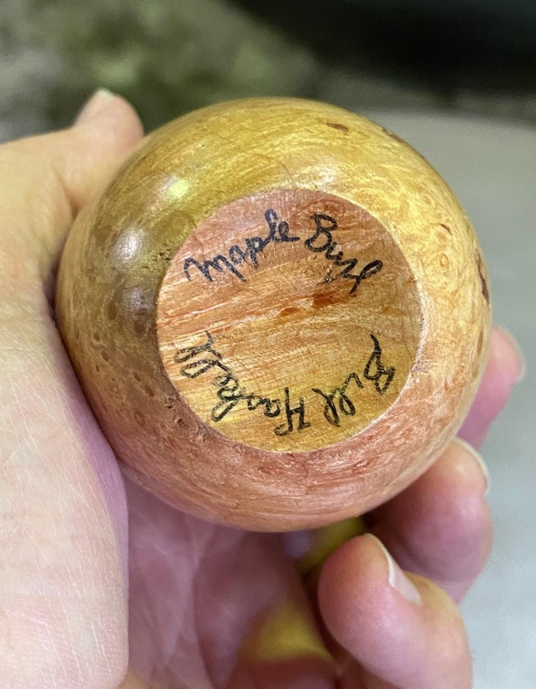 Bill Haskell Signed Carved Wood Turned Maple Burl Wood Vase For Sale at