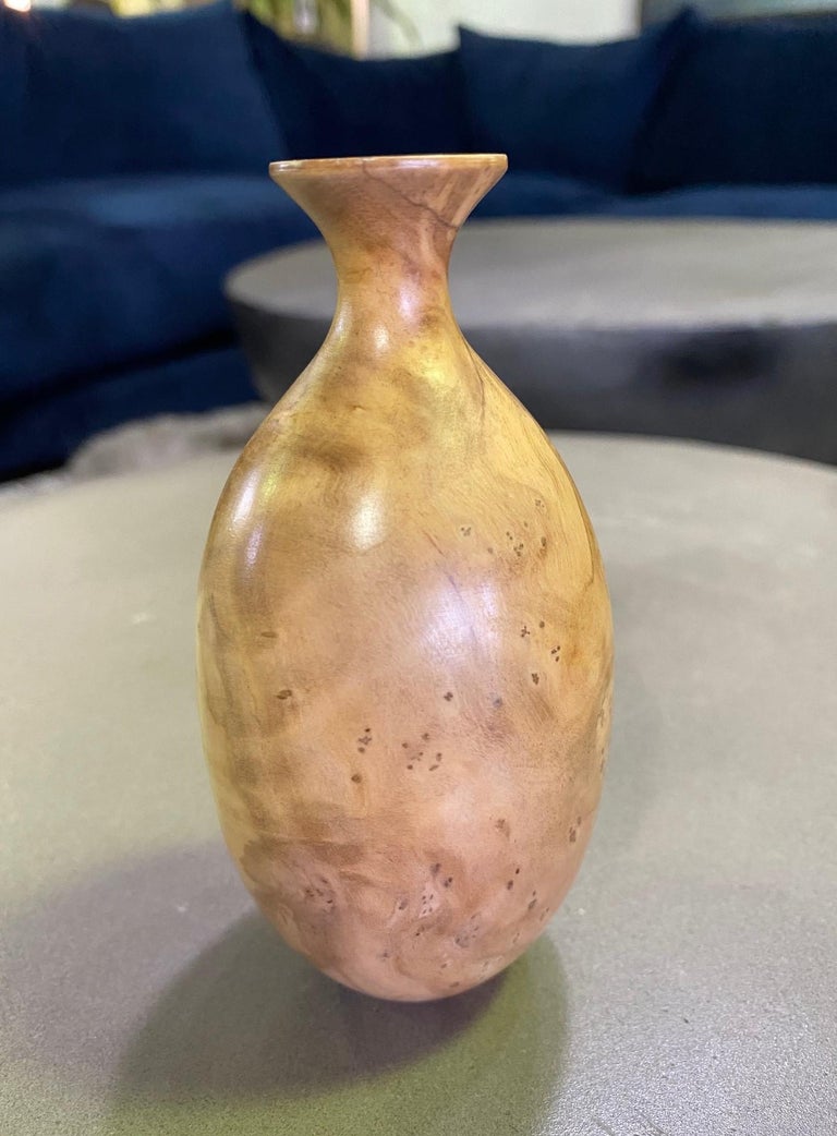 American Bill Haskell Signed Carved Wood Turned Olive Wood Vase For Sale