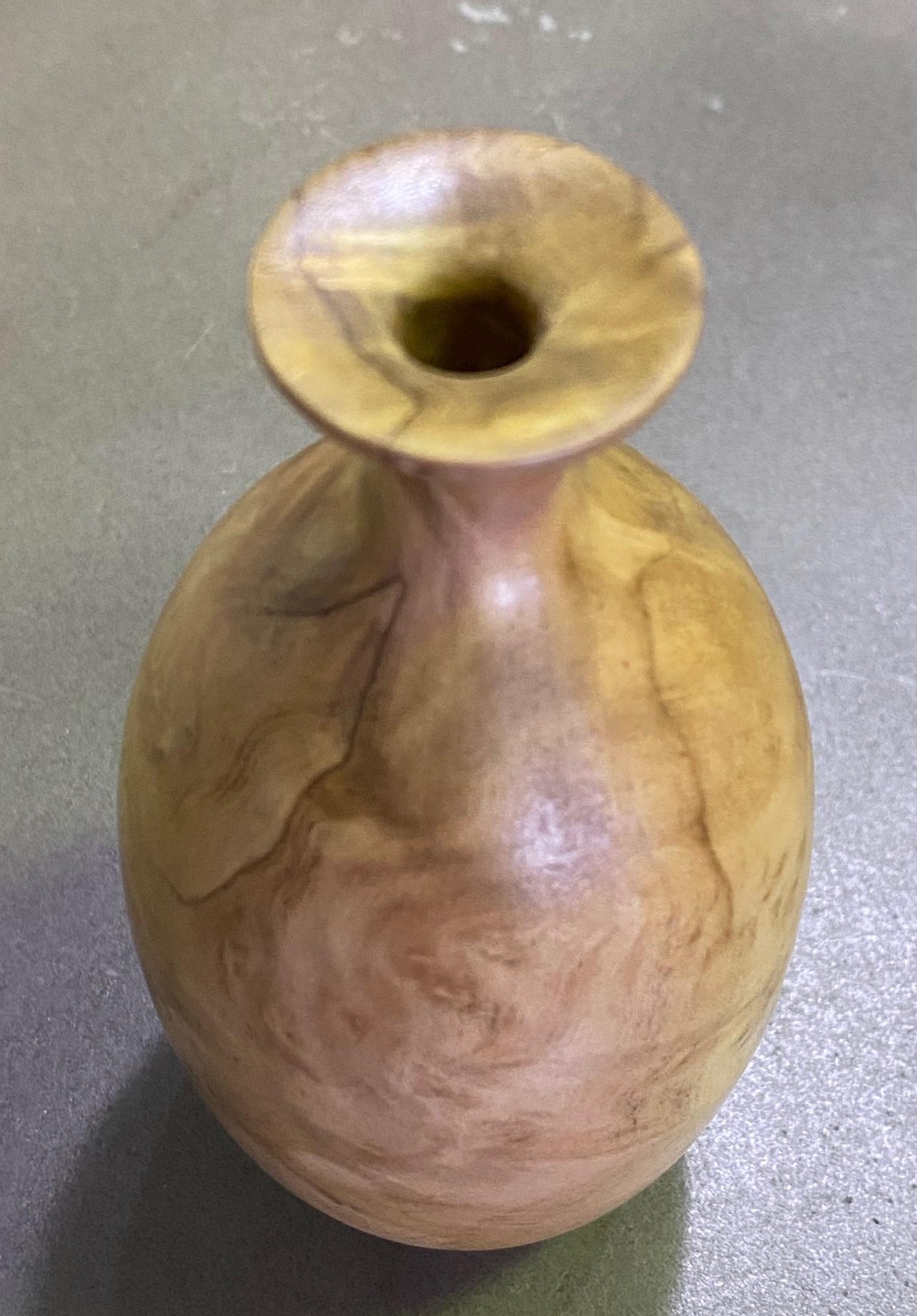 American Bill Haskell Signed Carved Wood Turned Olive Wood Vase For Sale