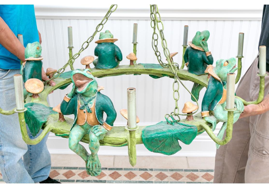 Bill Huebbe (American, 1929-2013) Whimsical 10- Light Frog Chandelier In Fair Condition In Bridgeport, CT