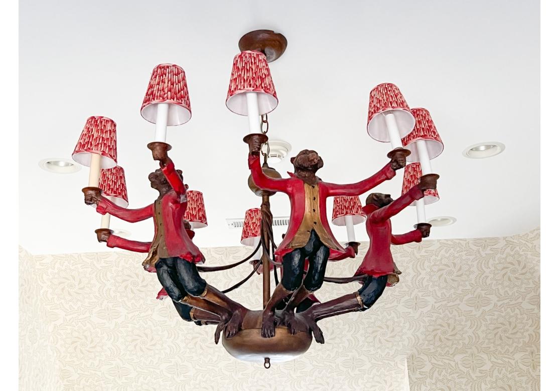 Bill Huebbe Designs Ten Light Chandelier In The Form Of Monkeys In Red Coats For Sale 1