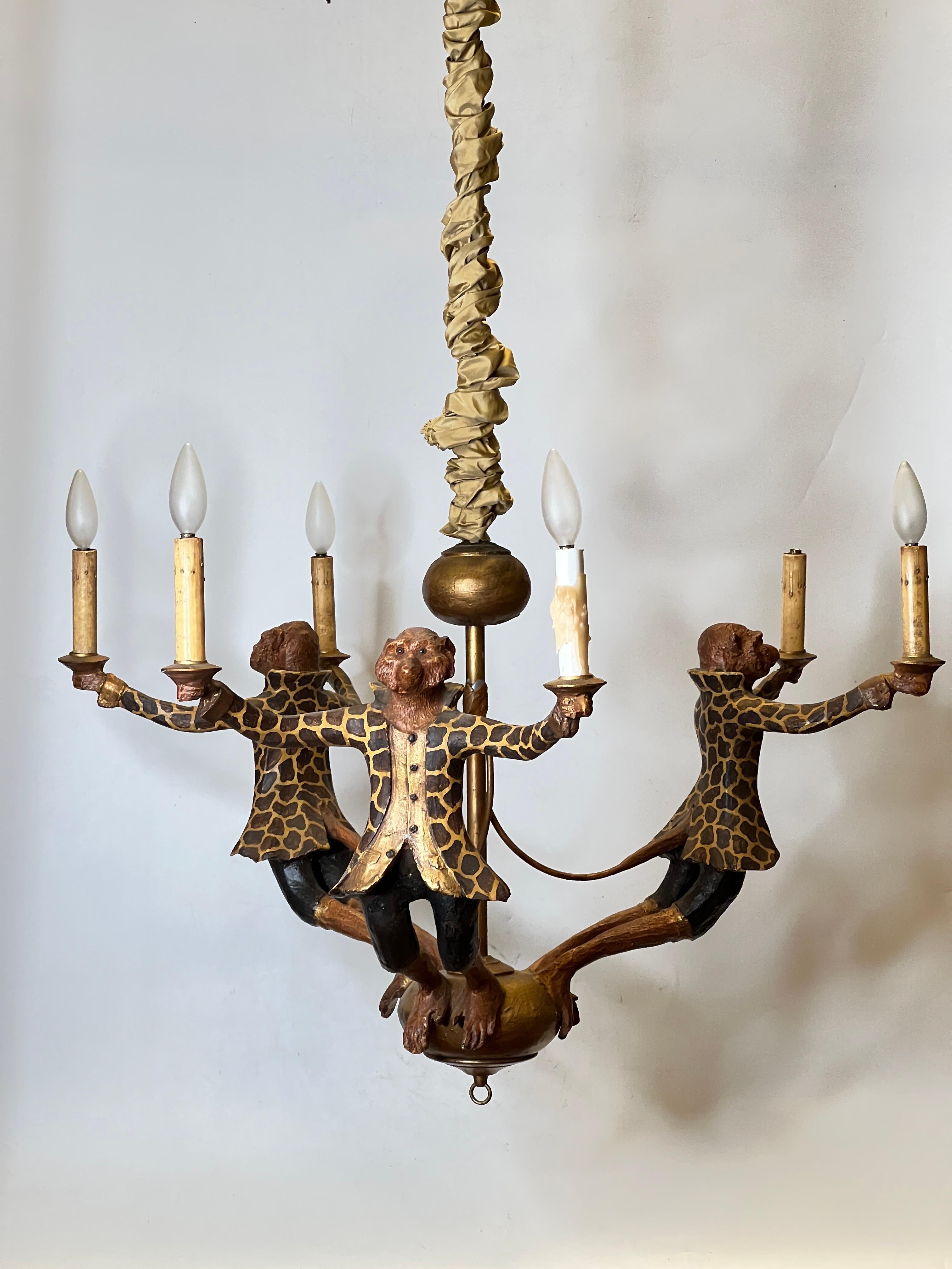 Hand-Painted Bill Huebbe Figural Monkey Six-Light Chandelier