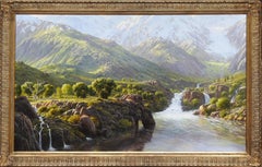 "Mountain Valley with Waterfall", Bill Hughes, 44x71 in., Oil on Canvas, Realism