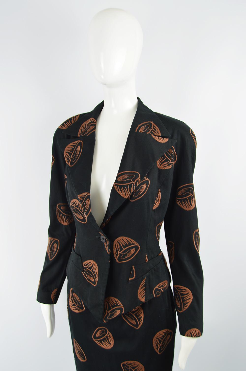 Black Bill Kaiserman 1980s Shoulder Padded Embroidered Skirt Suit