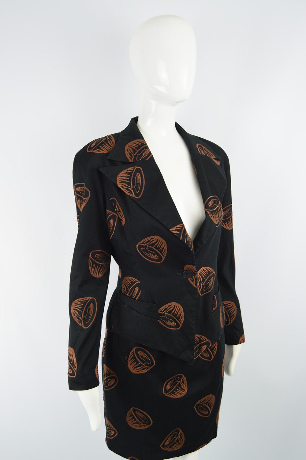 Women's Bill Kaiserman 1980s Shoulder Padded Embroidered Skirt Suit