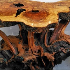 Cypress Burl Wood Table with Turquoise Inlays