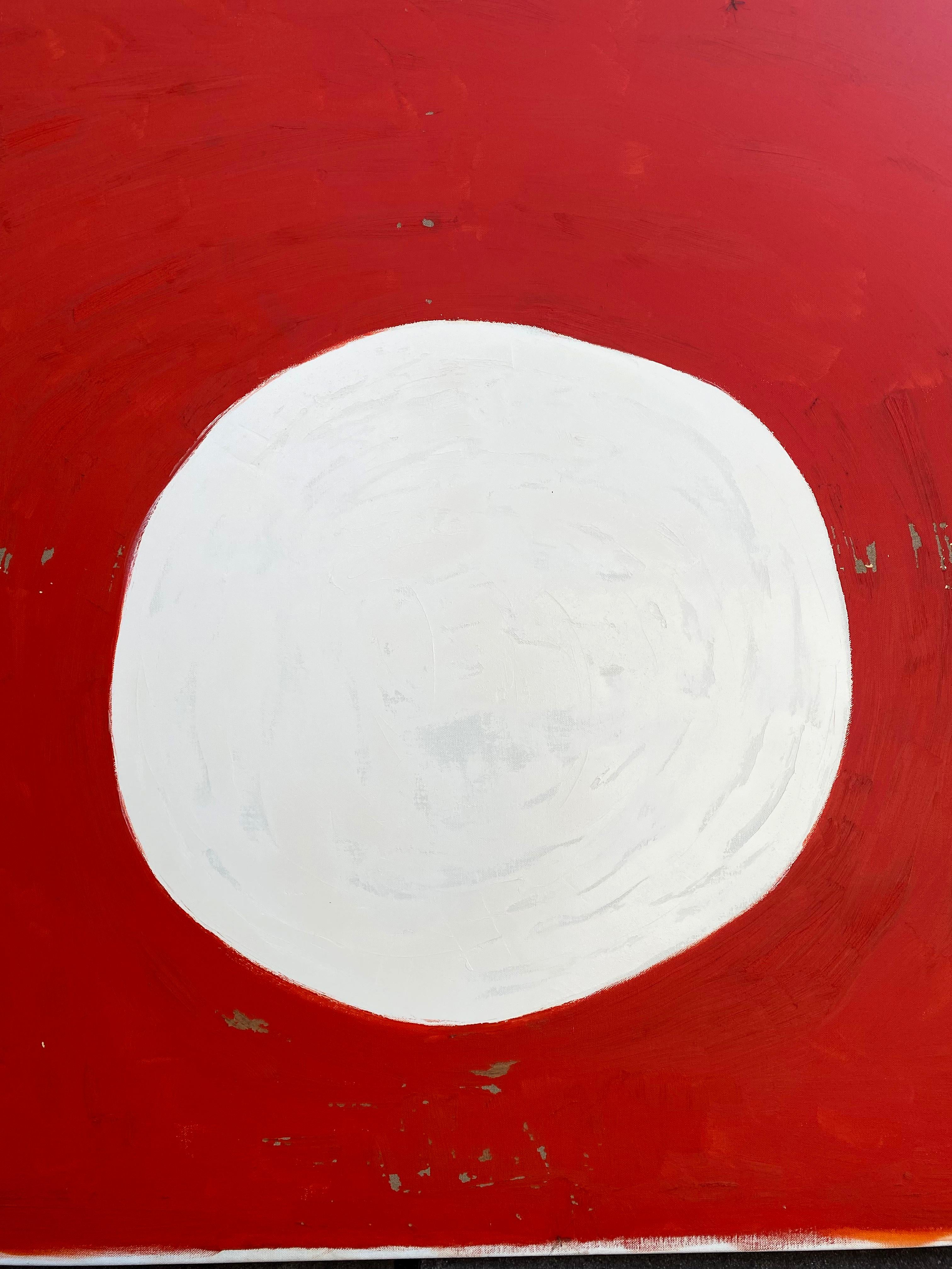 Pyra Sun, Abstraktes geometrisches Op-Art-Ölgemälde, grafisch roter Hintergrund – Painting von Bill Komodore