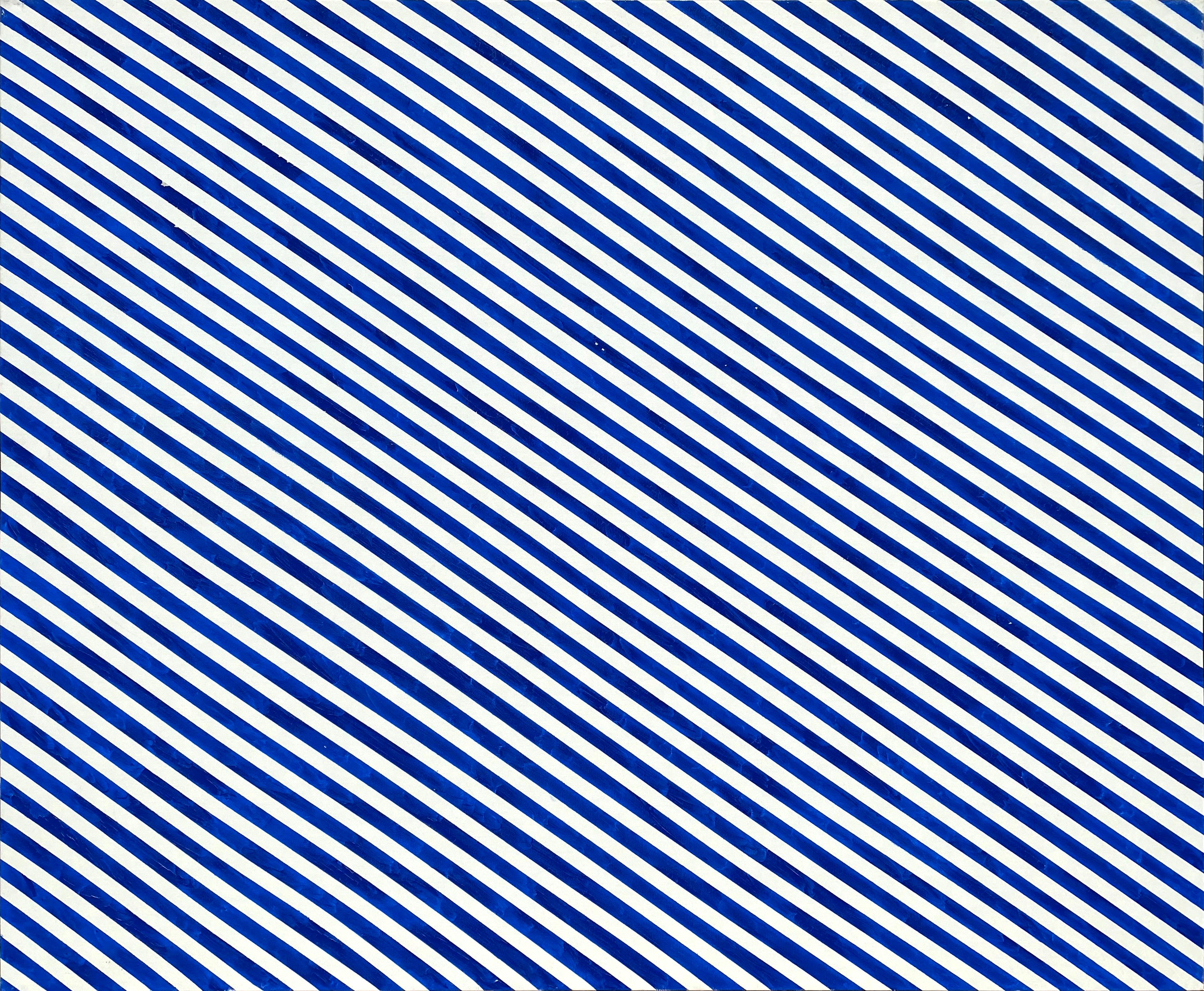 Abstract Painting di Bill Komodore - "Pioggia", pittura ad olio astratta geometrica a strisce blu della serie optical art