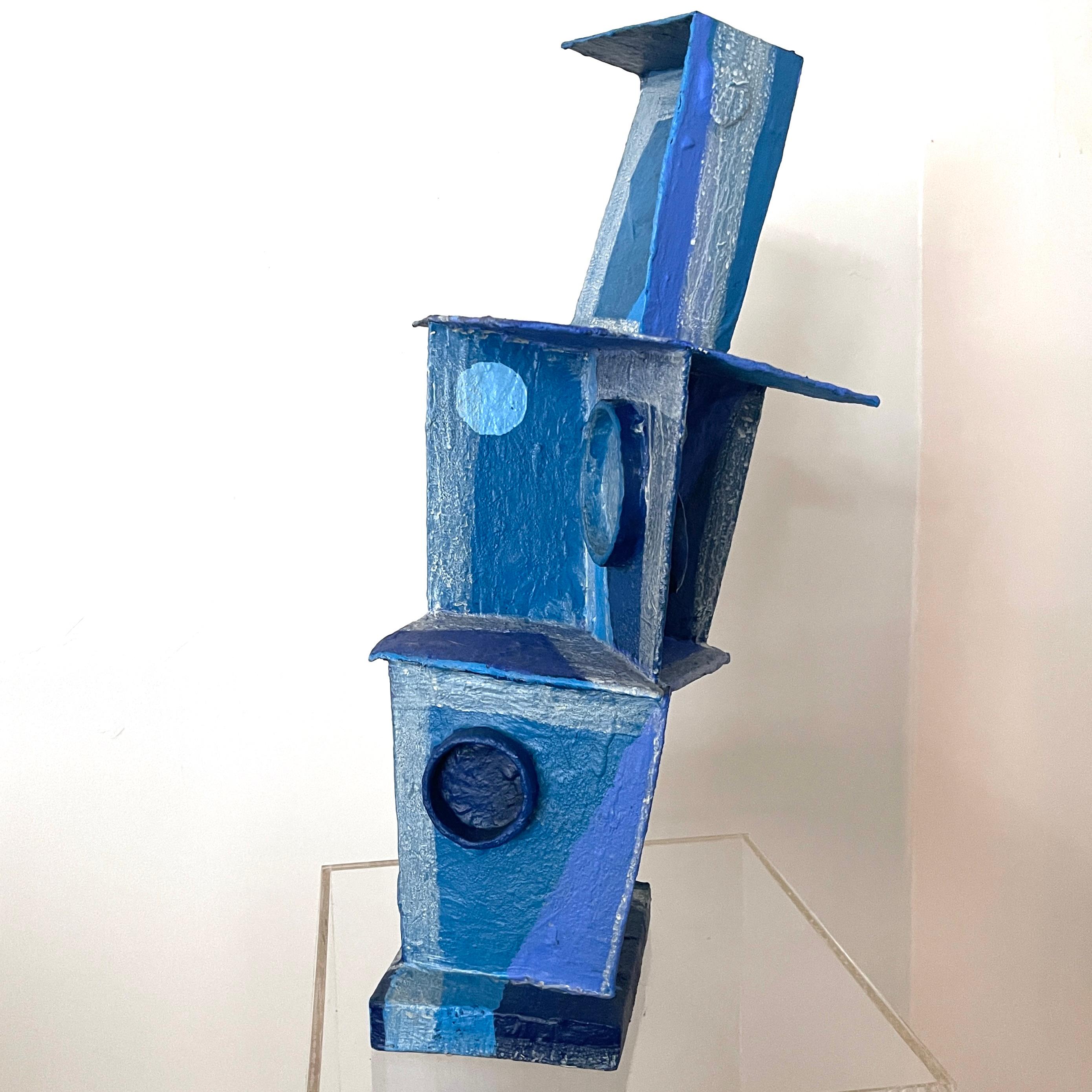 'Blue Tone Tower': Modernist Vibrant Blues Cubist Sculpture by Bill Low  For Sale 9