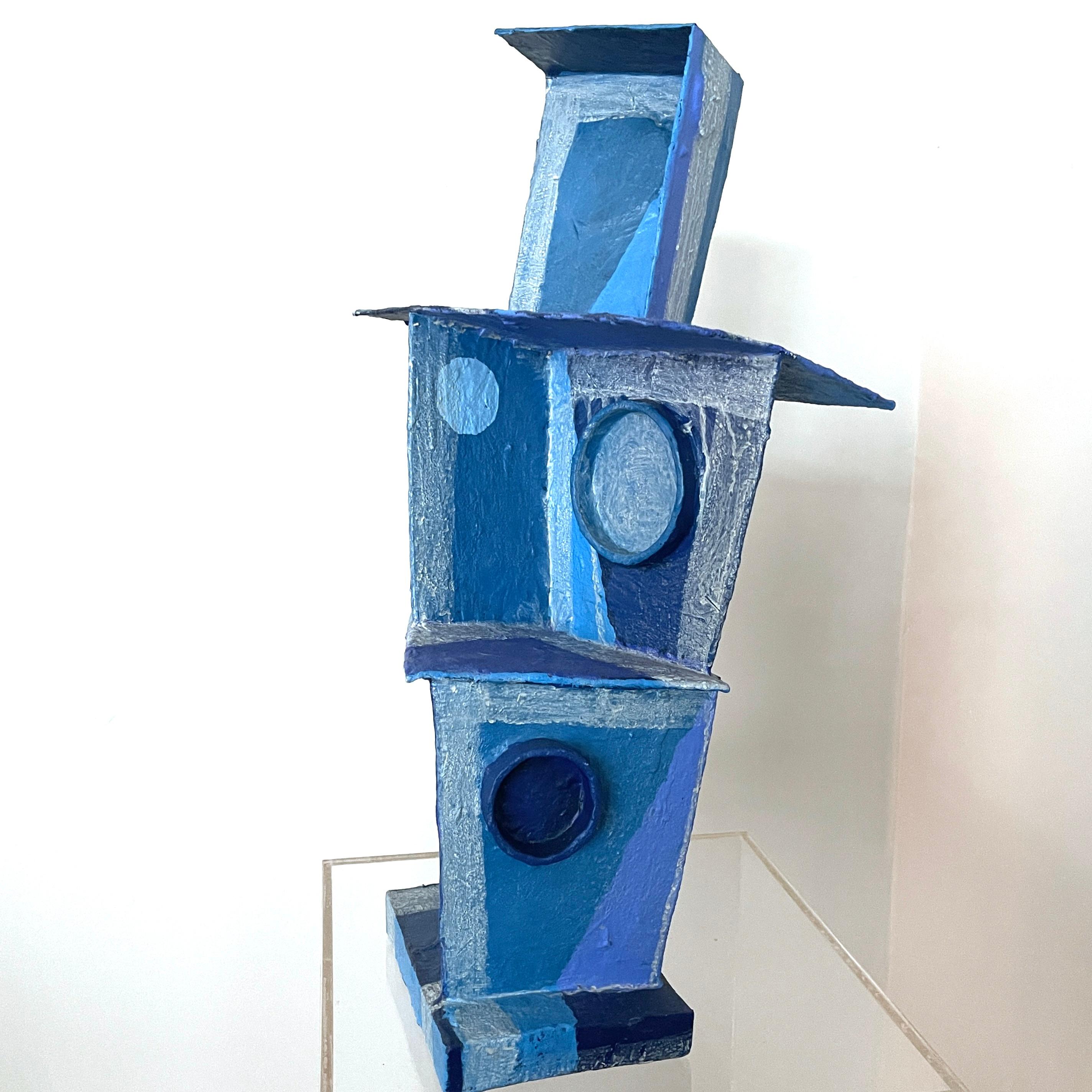 'Blue Tone Tower': Modernist Vibrant Blues Cubist Sculpture by Bill Low  For Sale 10