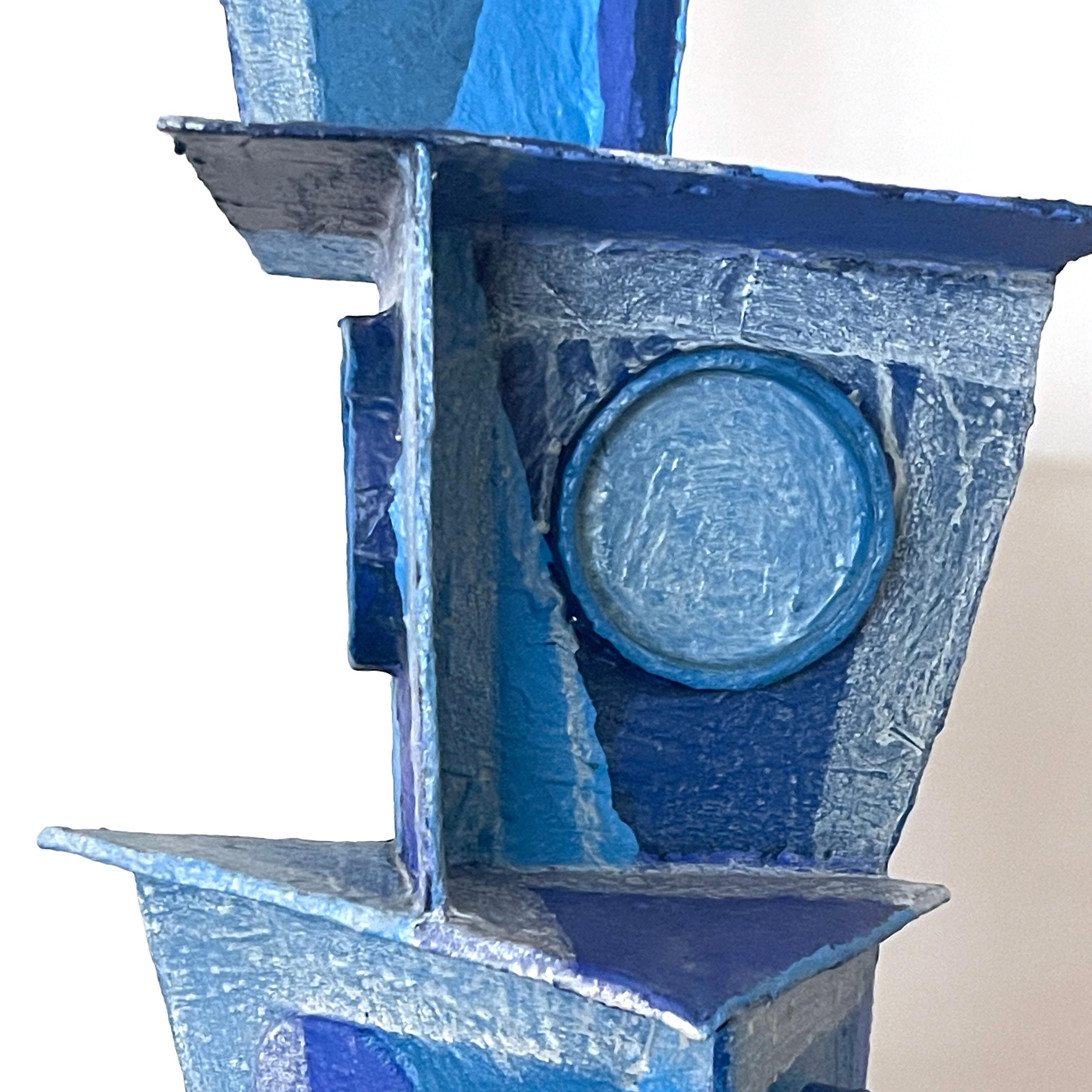'Blue Tone Tower': Modernist Vibrant Blues Cubist Sculpture by Bill Low  For Sale 12
