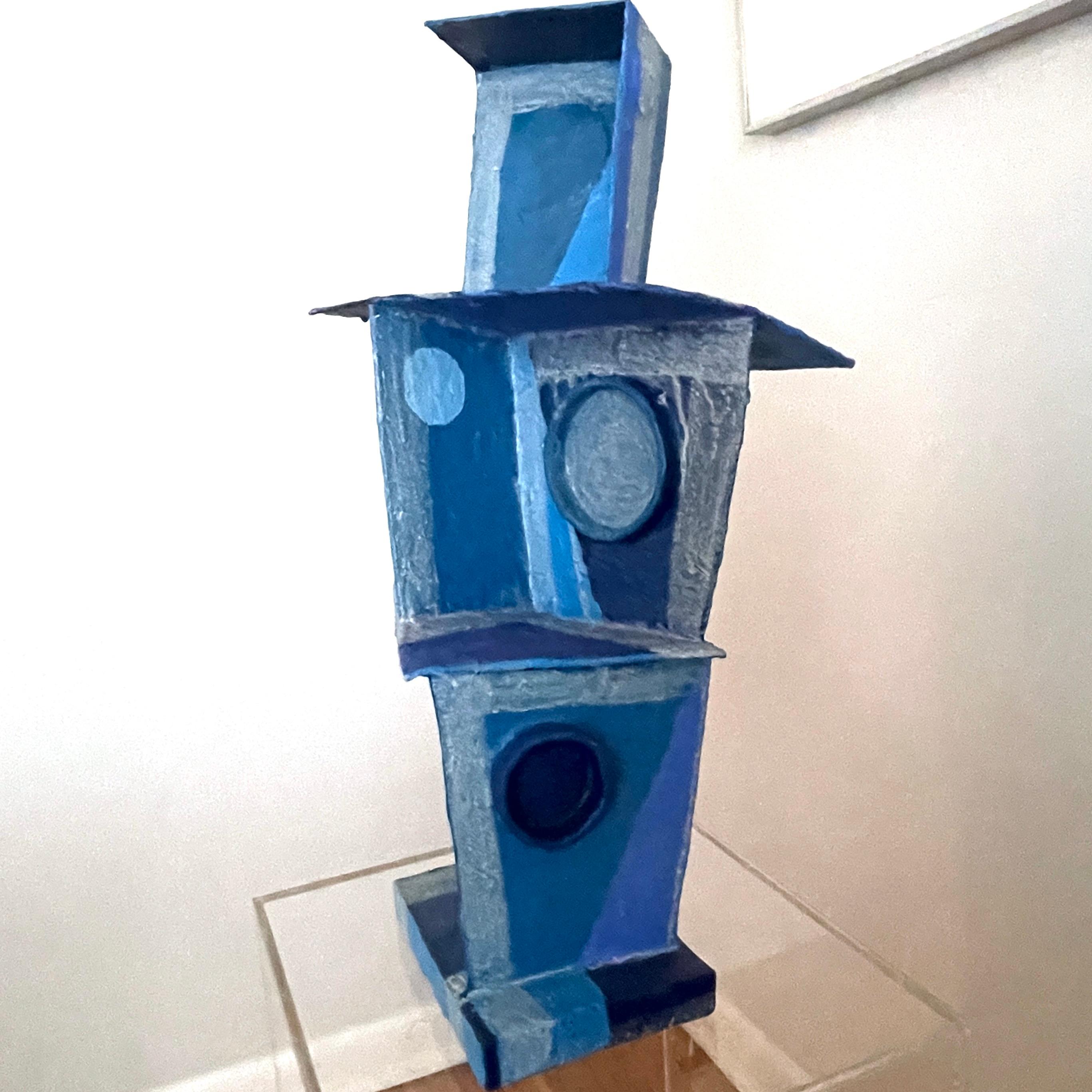 'Blue Tone Tower': Modernist Vibrant Blues Cubist Sculpture by Bill Low  For Sale 17