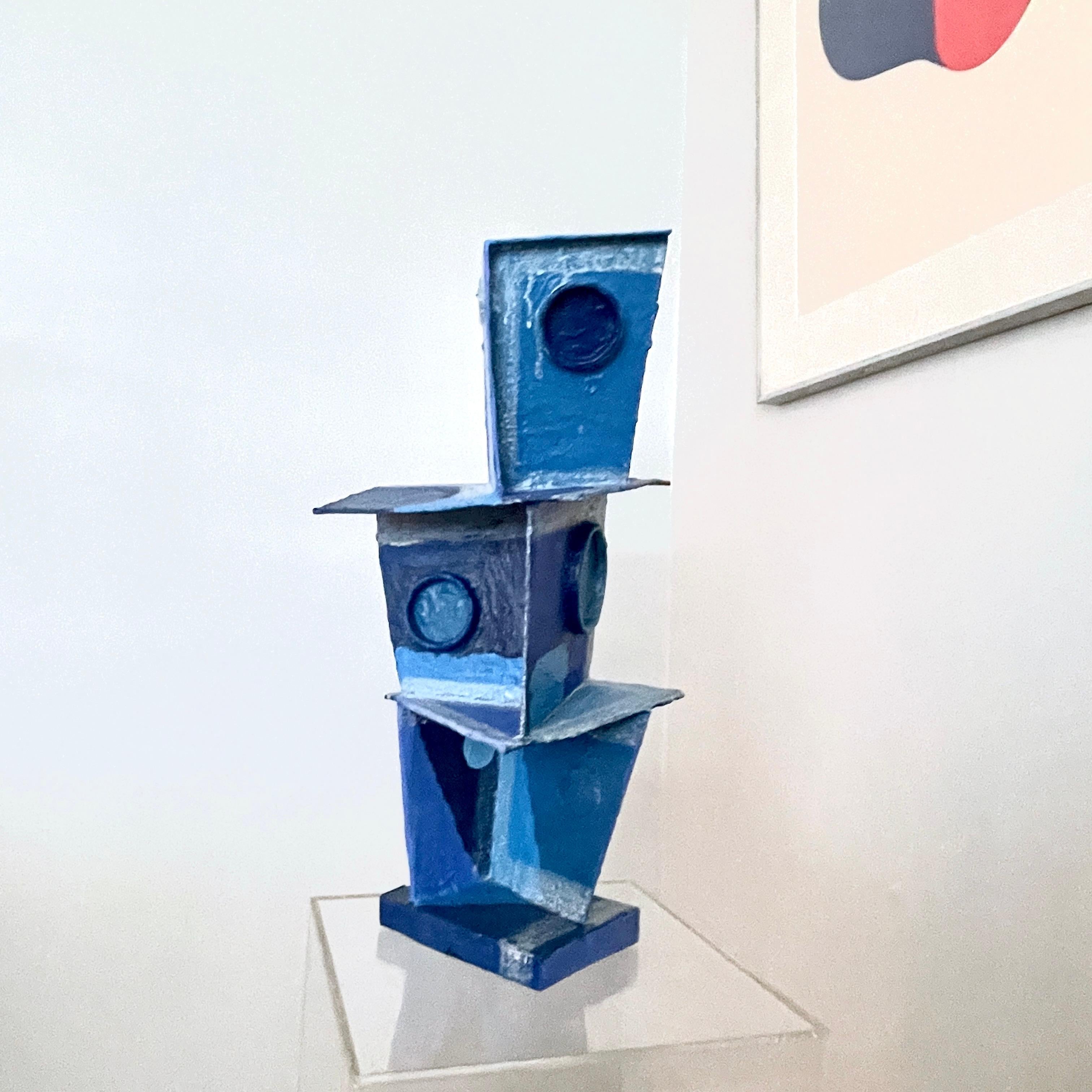 'Blue Tone Tower': Modernist Vibrant Blues Cubist Sculpture by Bill Low  For Sale 1