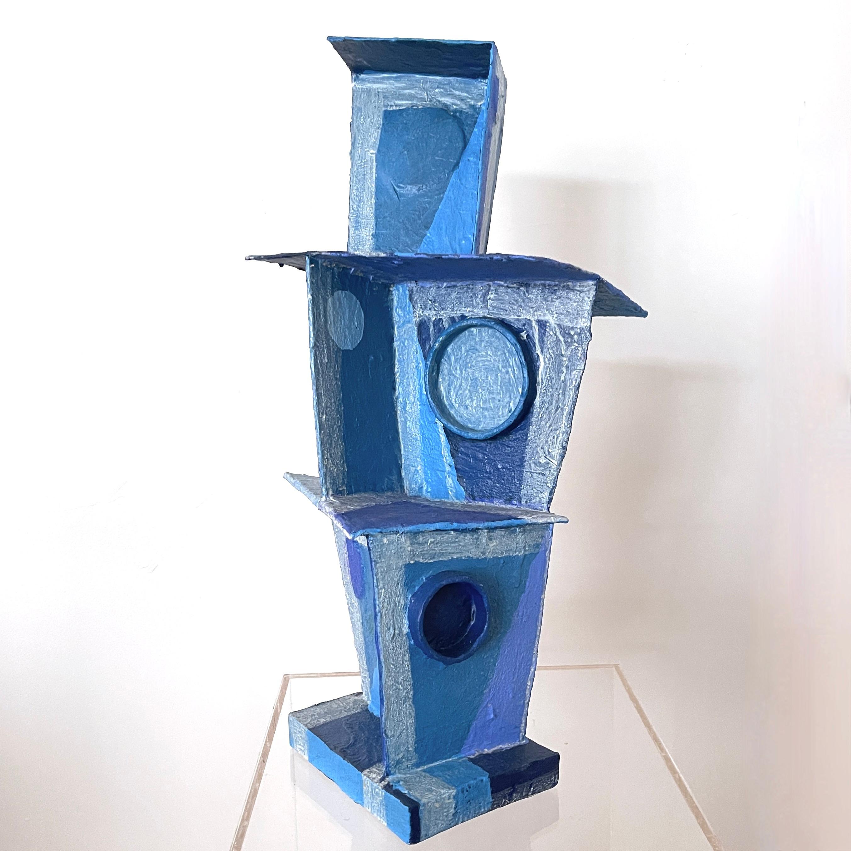 'Blue Tone Tower': Modernist Vibrant Blues Cubist Sculpture by Bill Low  For Sale 2