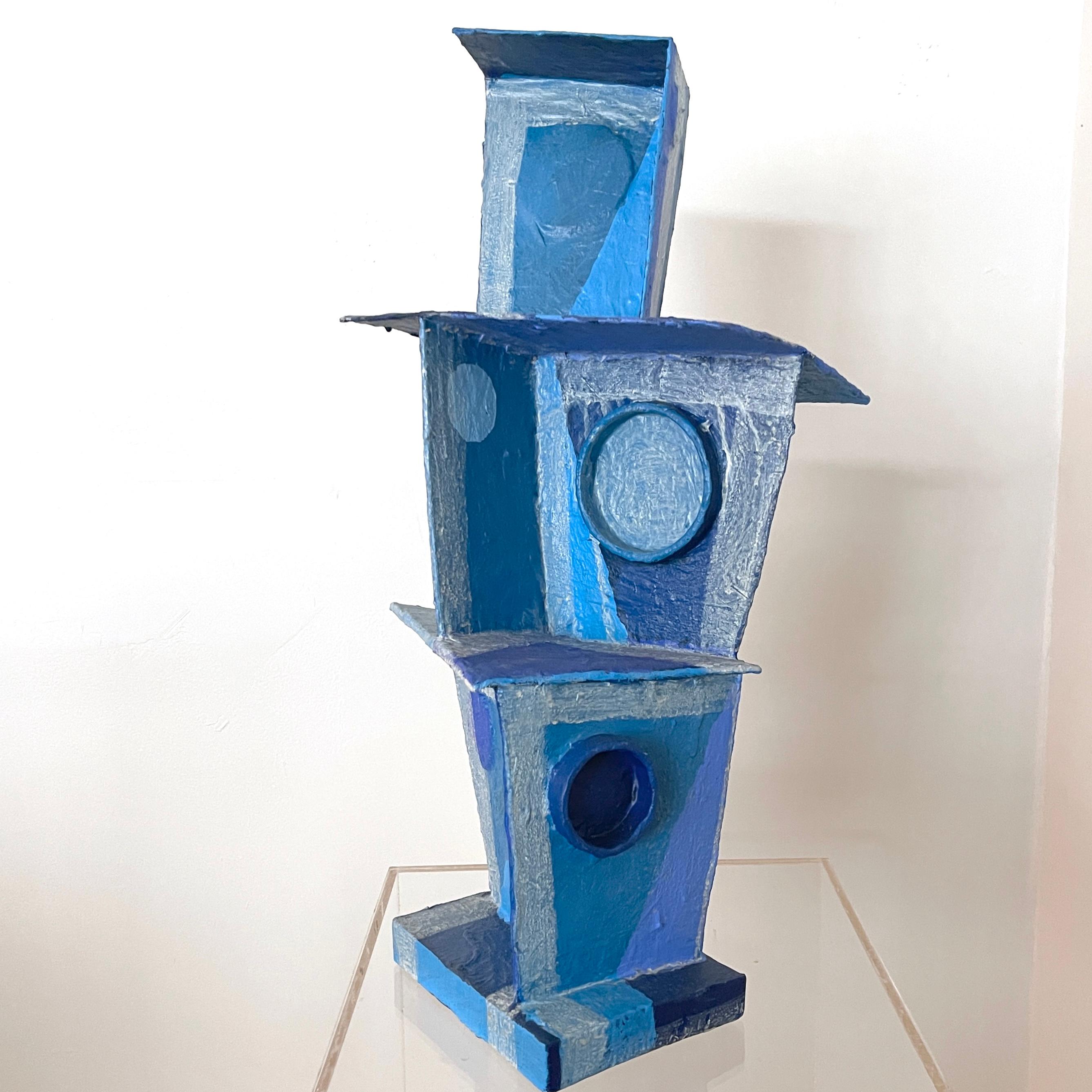 'Blue Tone Tower': Modernist Vibrant Blues Cubist Sculpture by Bill Low  For Sale 3