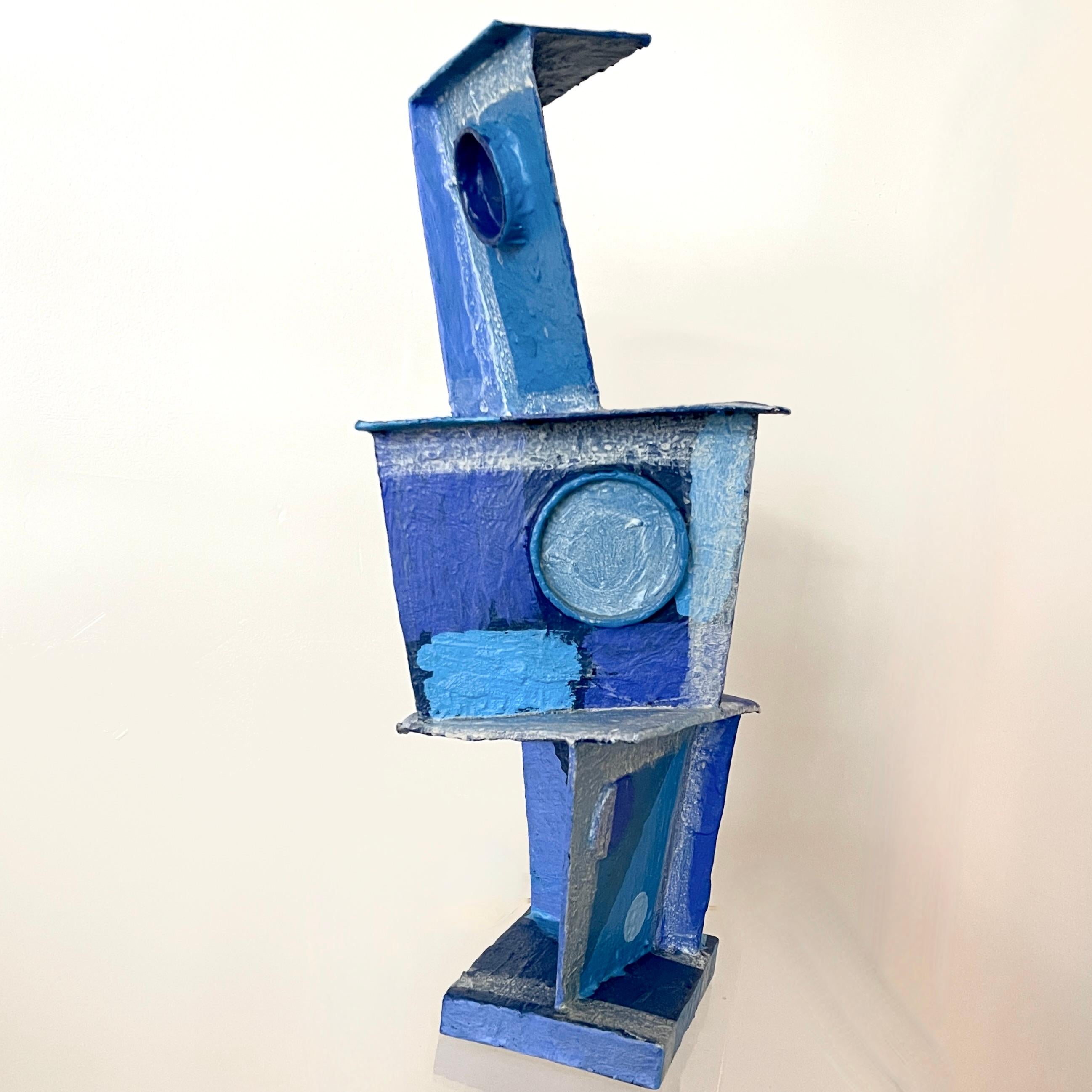 'Blue Tone Tower': Modernist Vibrant Blues Cubist Sculpture by Bill Low  For Sale 4