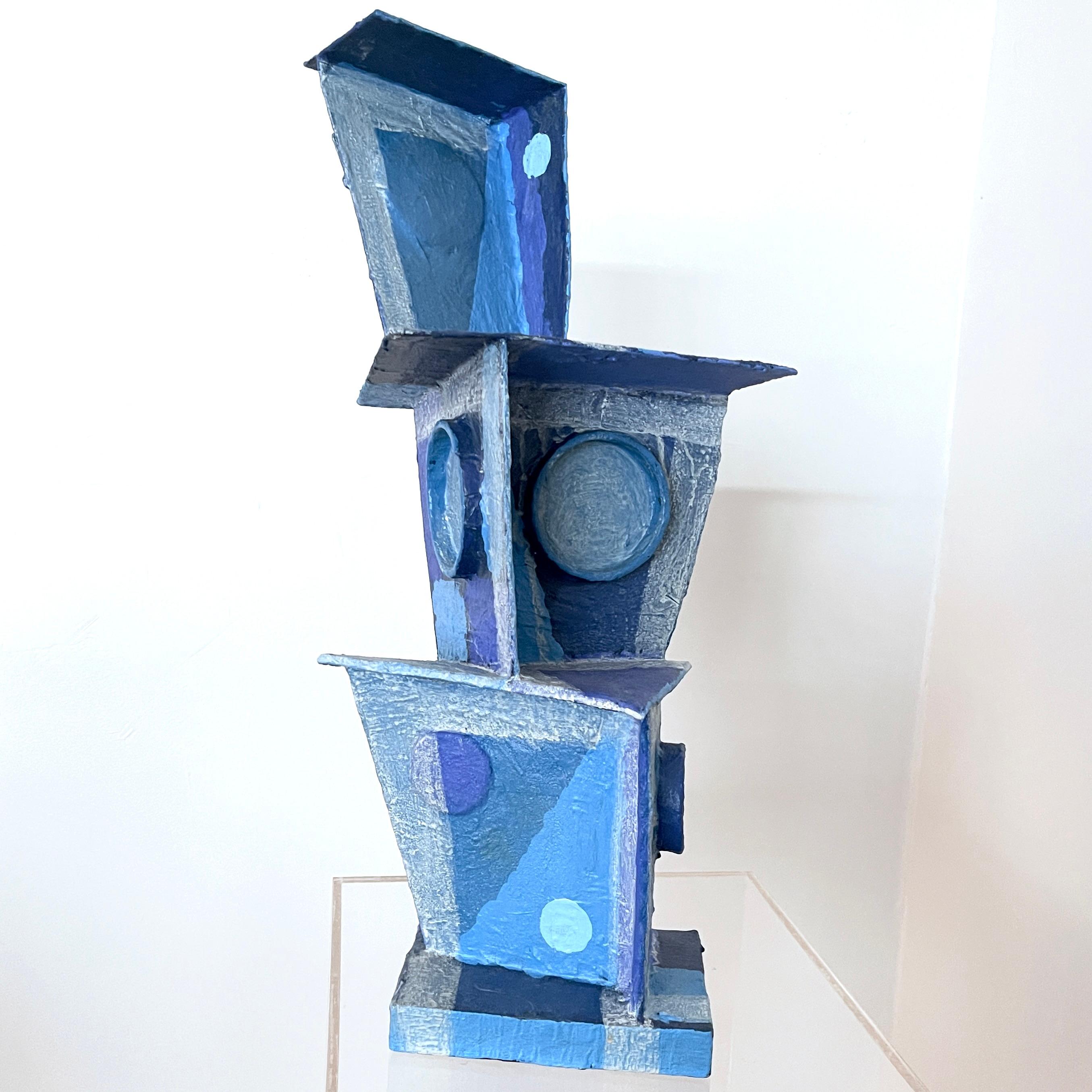 'Blue Tone Tower': Modernist Vibrant Blues Cubist Sculpture by Bill Low  For Sale 5