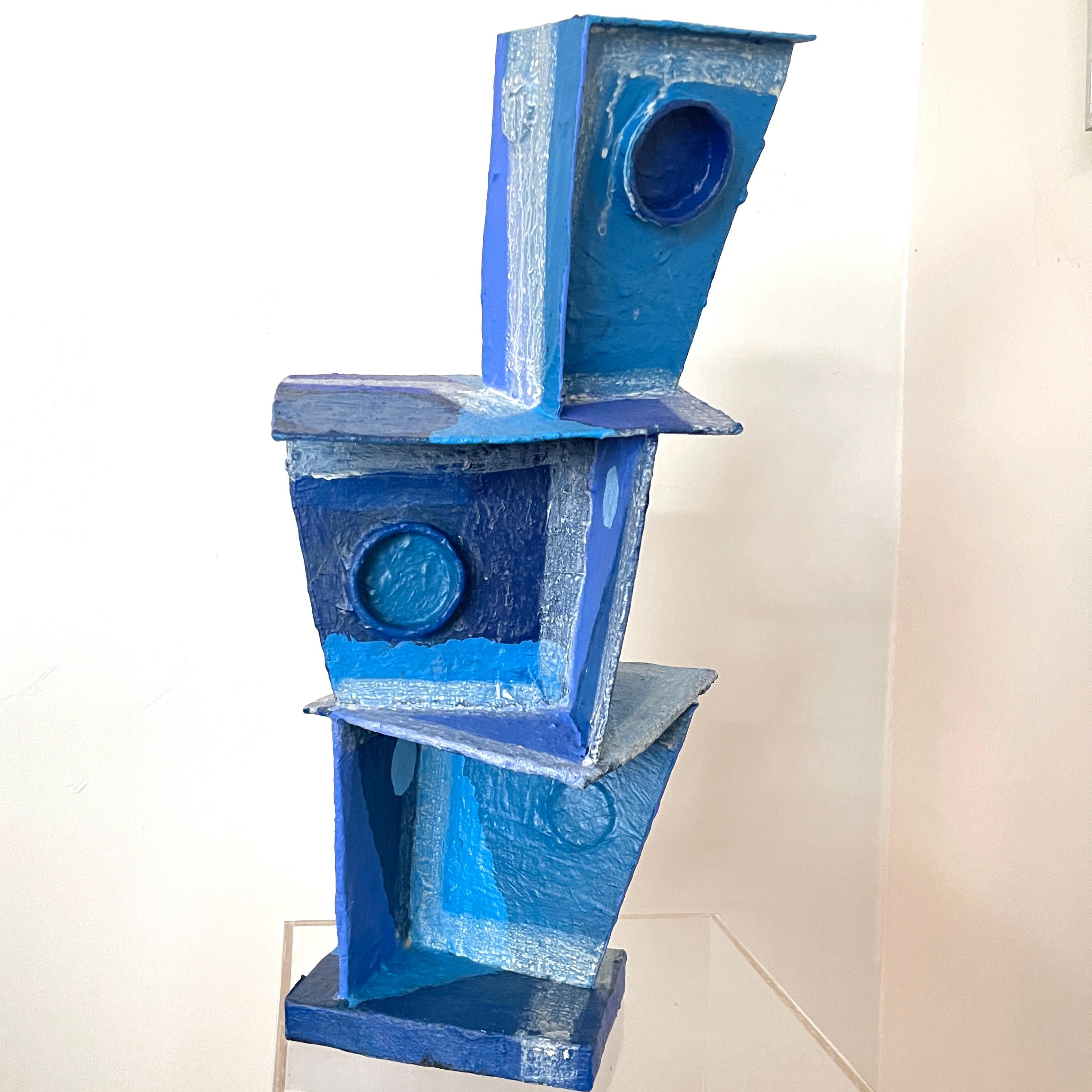 'Blue Tone Tower': Modernist Vibrant Blues Cubist Sculpture by Bill Low  For Sale 6