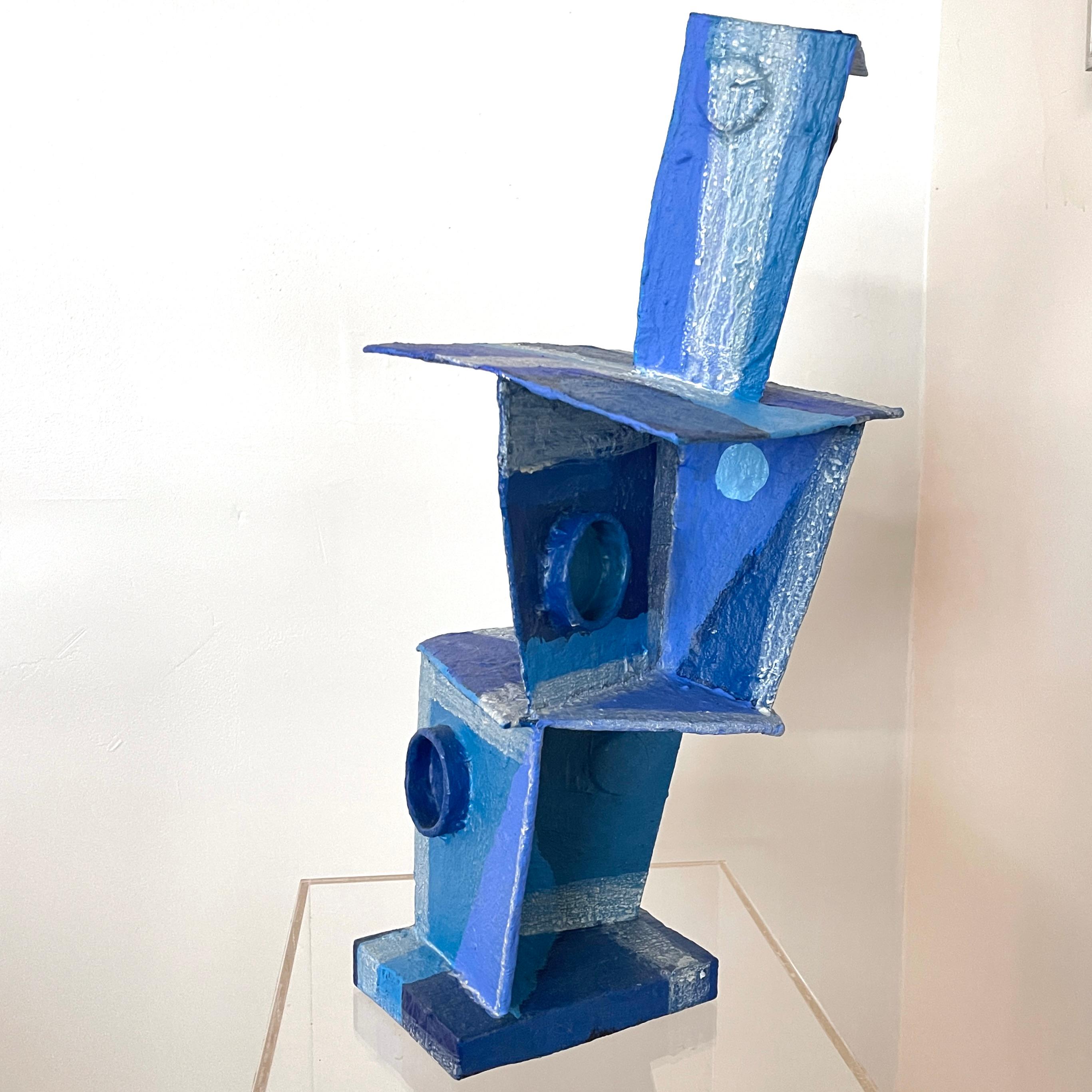 'Blue Tone Tower': Modernist Vibrant Blues Cubist Sculpture by Bill Low  For Sale 7