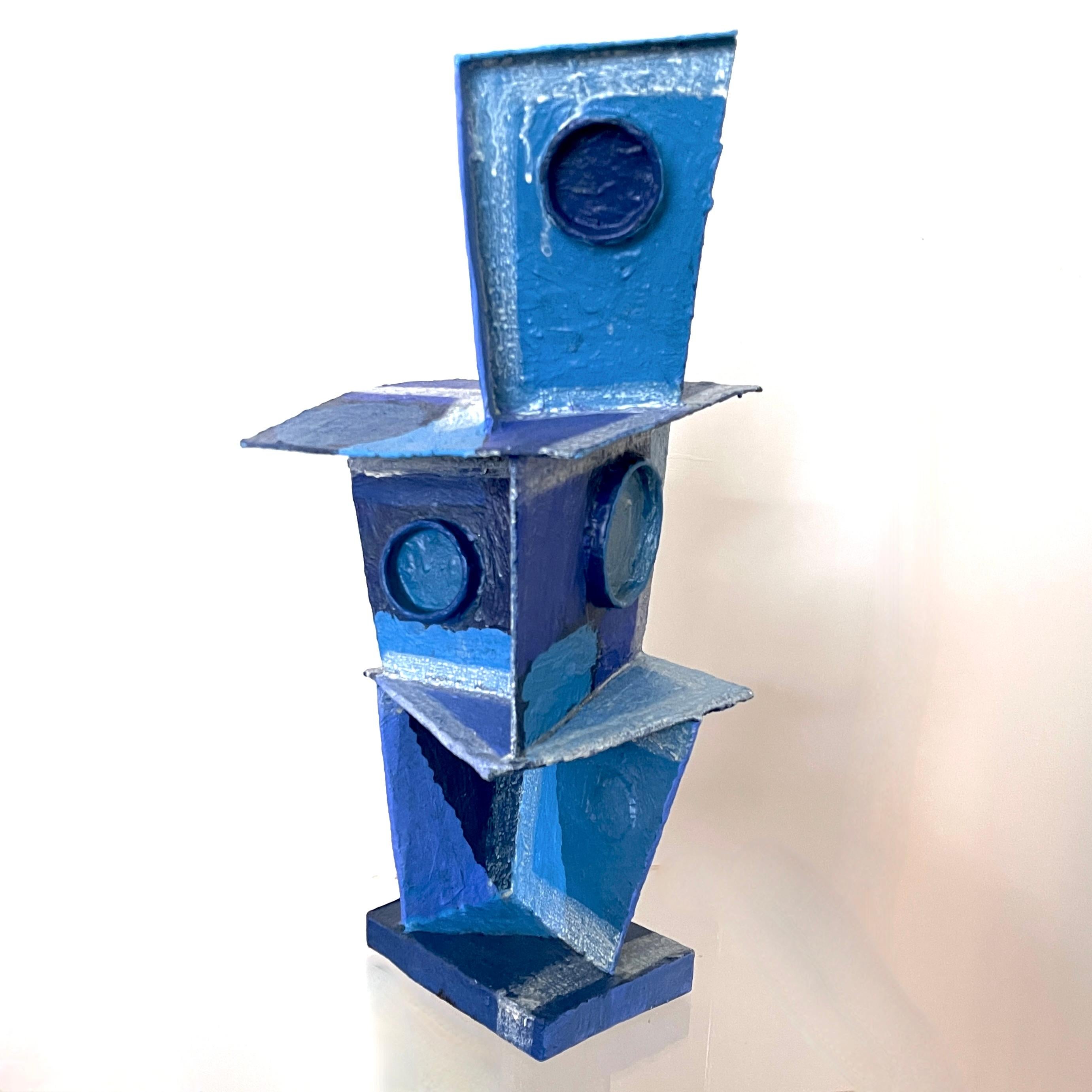 'Blue Tone Tower': Modernist Vibrant Blues Cubist Sculpture by Bill Low  For Sale 8