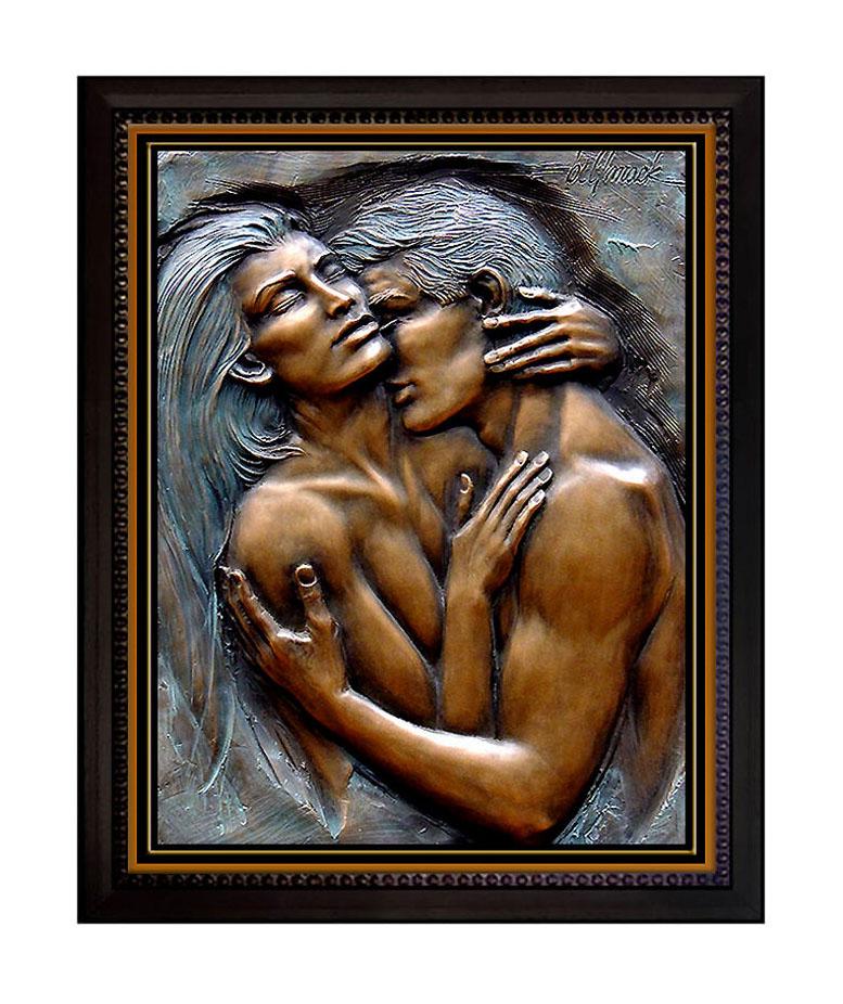 Bill Mack Nude Sculpture - BILL MACK Original BRONZE Relief SCULPTURE art Signed EMBRACING bas Female Love