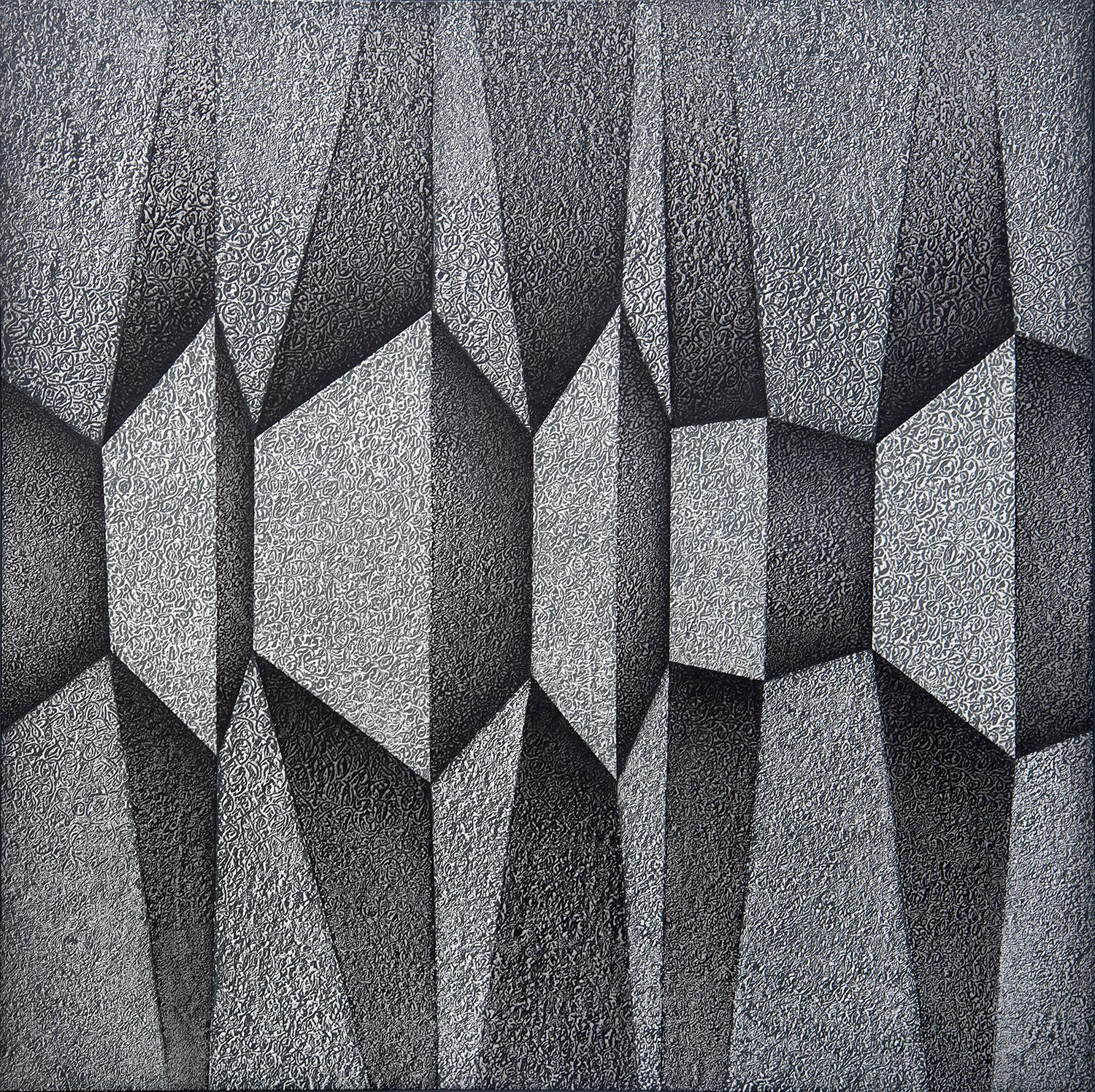 Abstract Painting Bill Maggio - Grande peinture abstraite géométrique abstraite contemporaine en noir et blanc, musée détaillé