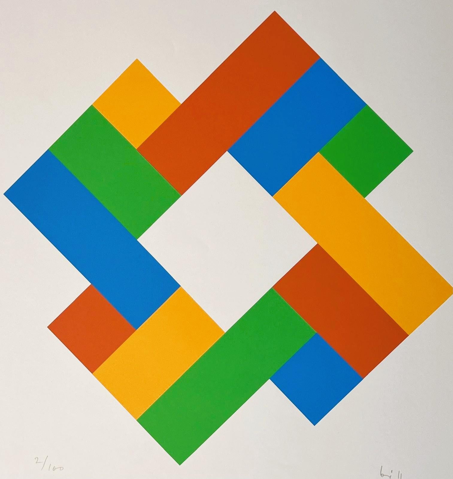 Lithograph, 1982
Handsigned by the artist in pencil
Edition : 2/100
64.00 cm. x 50.00 cm.  25.2 in. x 19.69 in. (paper)
47.00 cm. x 47.00 cm.  18.5 in. x 18.5 in. (image)
Max Bill combines the rigor of mathematics with the poetry of geometric forms