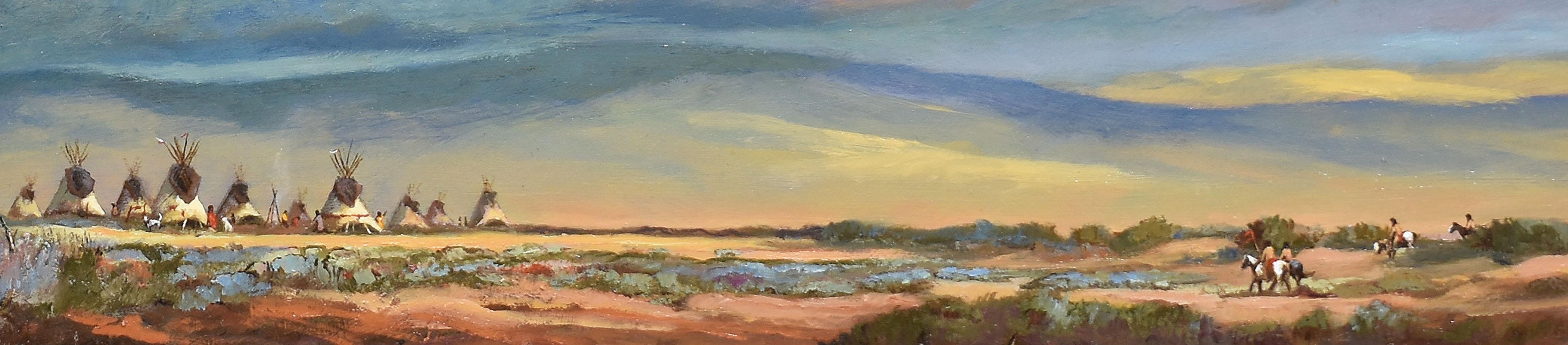 Expansive Panoramic Western Native American Indian Camp Signed Oil Painting - Brown Landscape Painting by Bill Mittag
