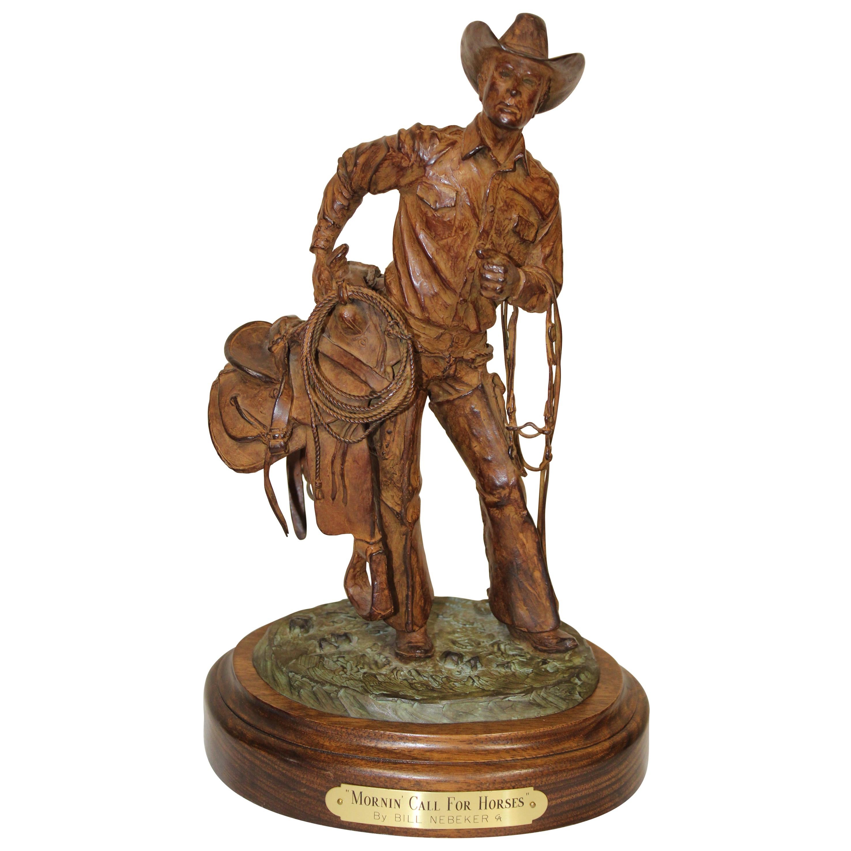 Bill Nebeker Bronze Statue "Mornin' Call for Horses" For Sale