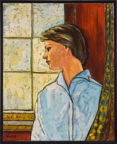 "Girl at the Window" Mid Century Modern Portrait in Acrylic on Linen