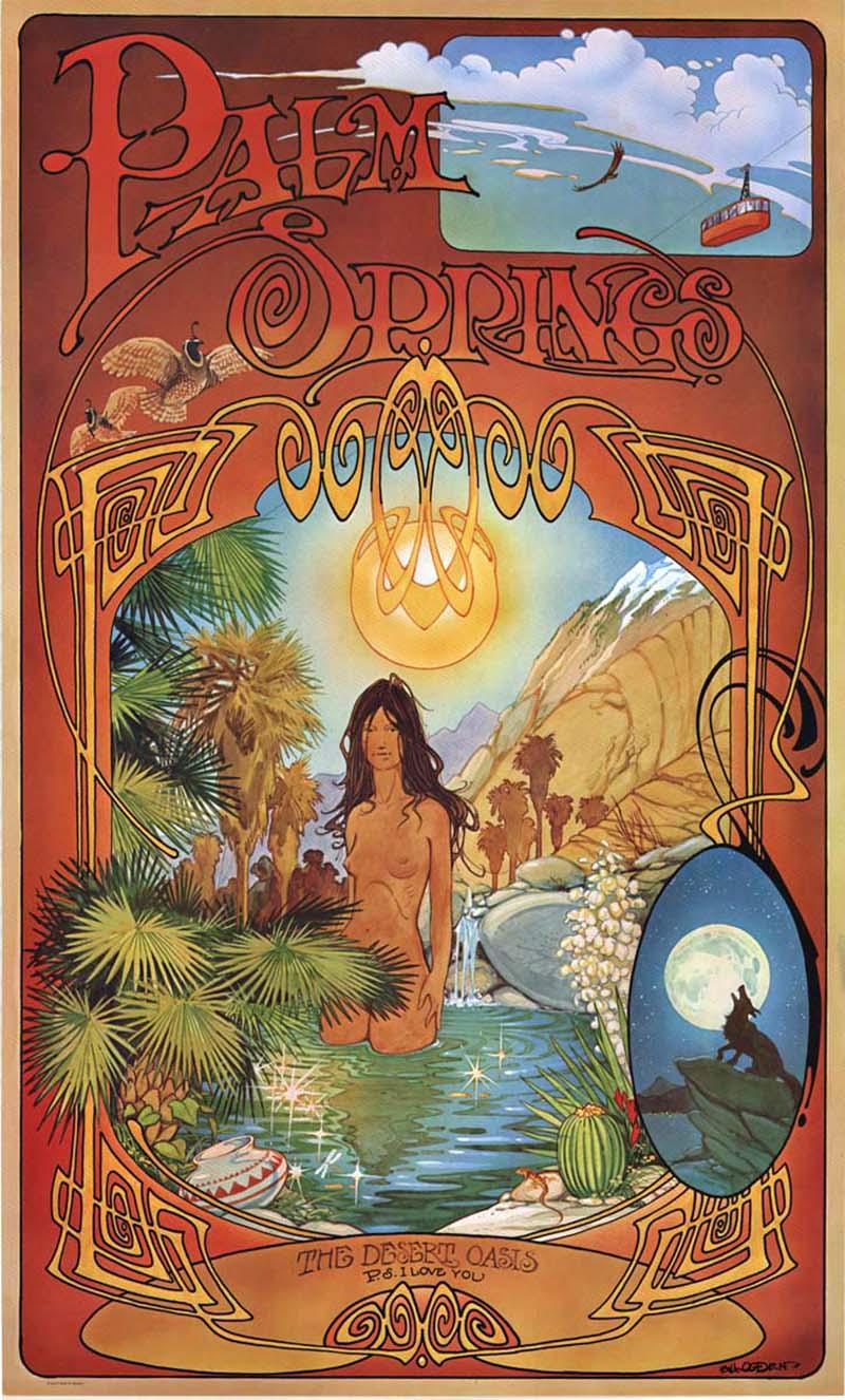 Bill Ogden Figurative Print - Original Palm Springs Desert Oasis psychedelic vintage poster