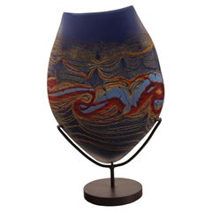 Bill Poceta Signed Hand Blown Art Glass Vessel on Stand Red & Blue Swirl Design