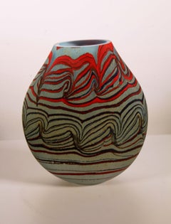 Bill Poceta Signed Hand Blown Art Glass Vessel Red and Blue Swirl Design